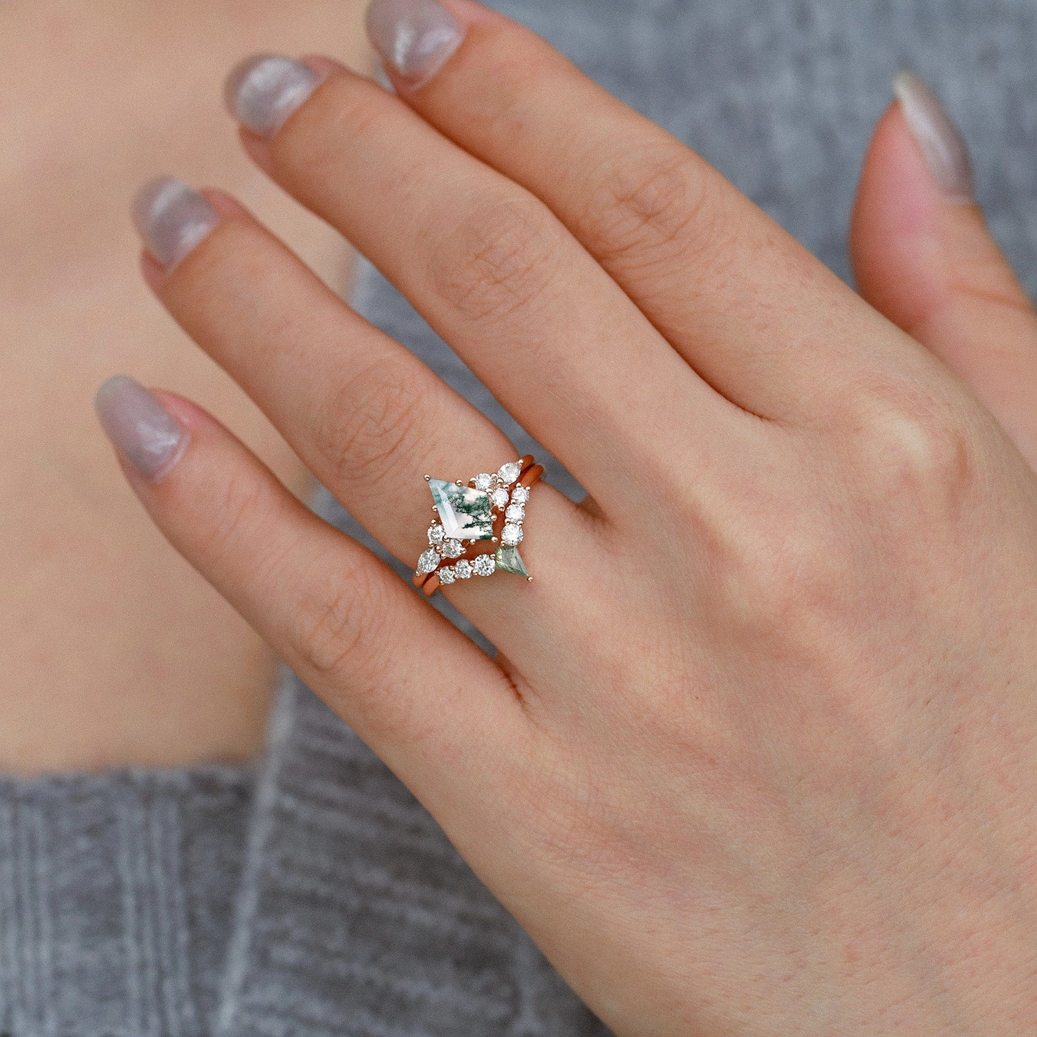 Classic Outfit Twin Flames - Kite Cut Unique Moss Agate Engagement Ring Sets 2pcs - Zoey