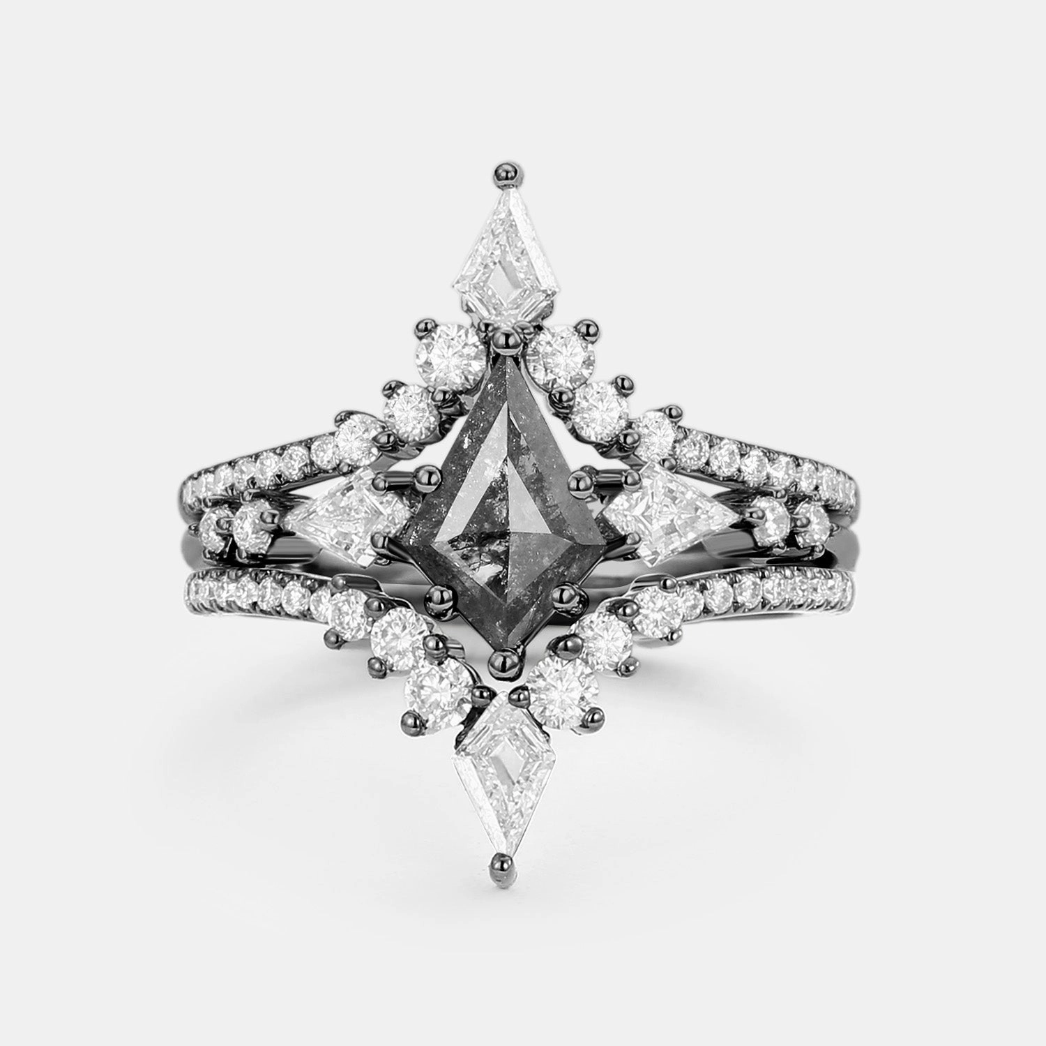 Glam Look Twin Flames - Kite Salt and Pepper Diamonds Engagement Ring Set 3pcs - Zendaya