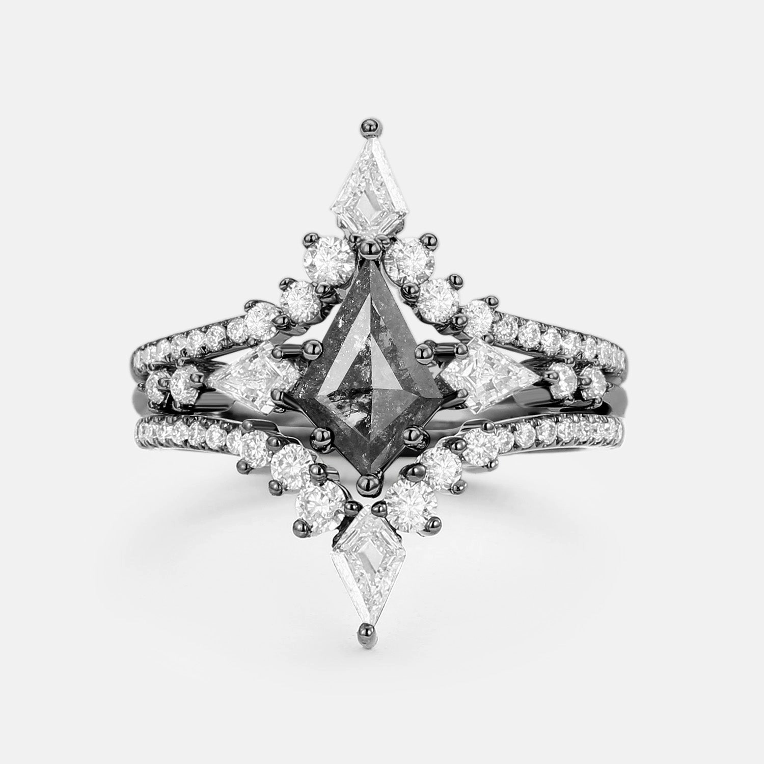 Twin Flames - Kite Salt and Pepper Diamonds Engagement Ring Set 3pcs - Zendaya Modern Shape
