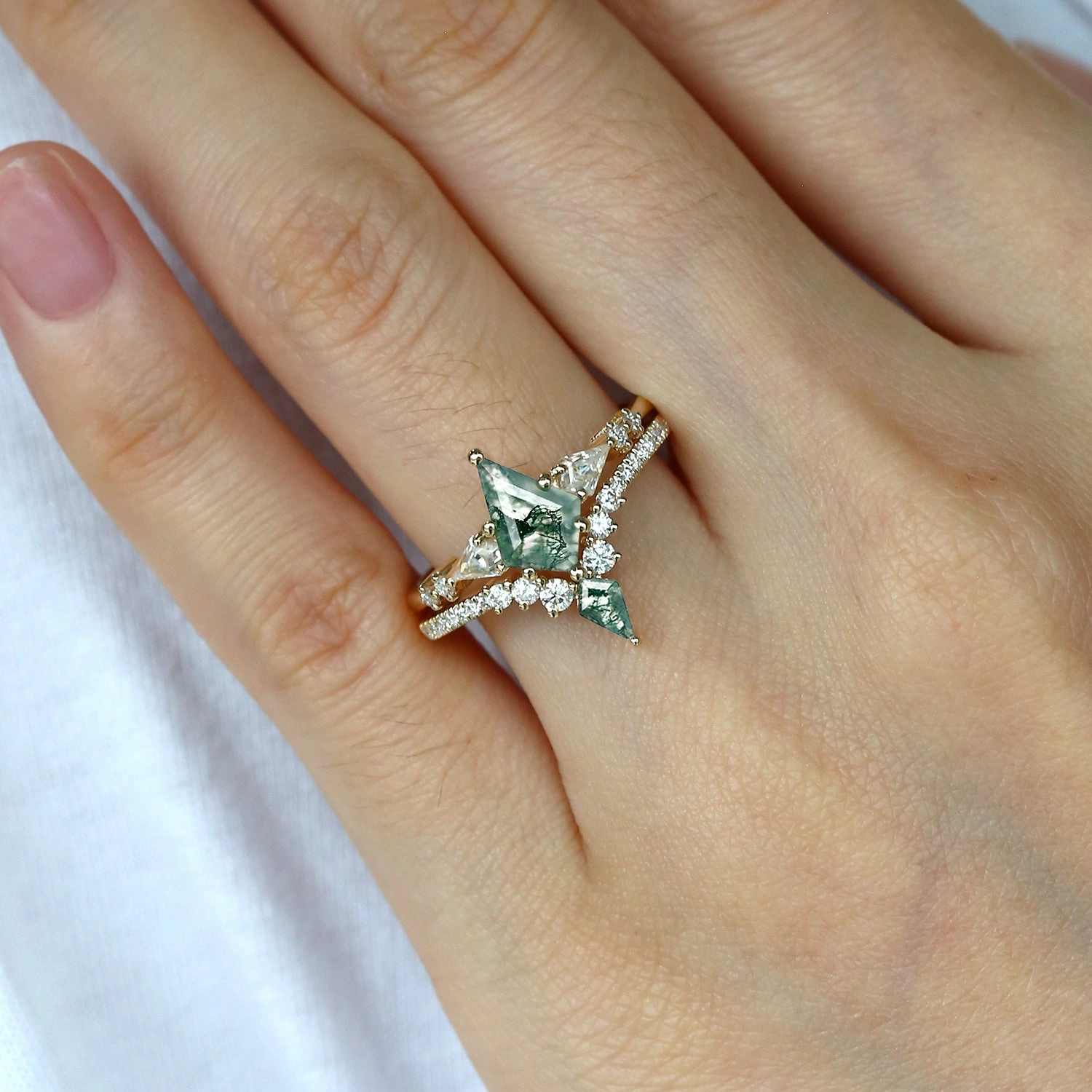 Twin Flames - Women Kite Moss Agate Wedding Ring Sets 2pcs - Zendaya Chic Glam