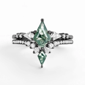 Twin Flames - Women Kite Moss Agate Wedding Ring Sets 2pcs - Zendaya Ethereal Mood