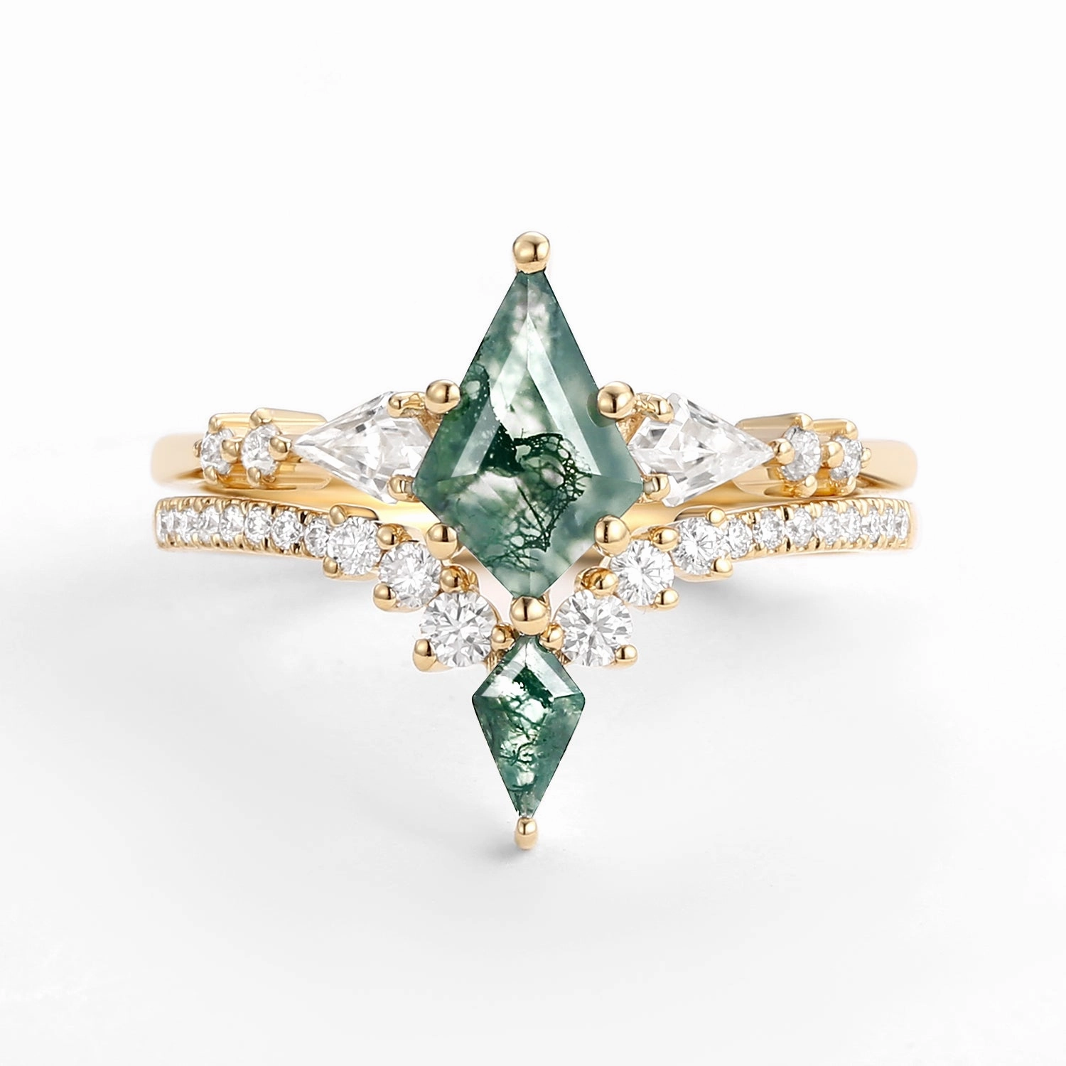 Twin Flames - Women Kite Moss Agate Wedding Ring Sets 2pcs - Zendaya Mature Style