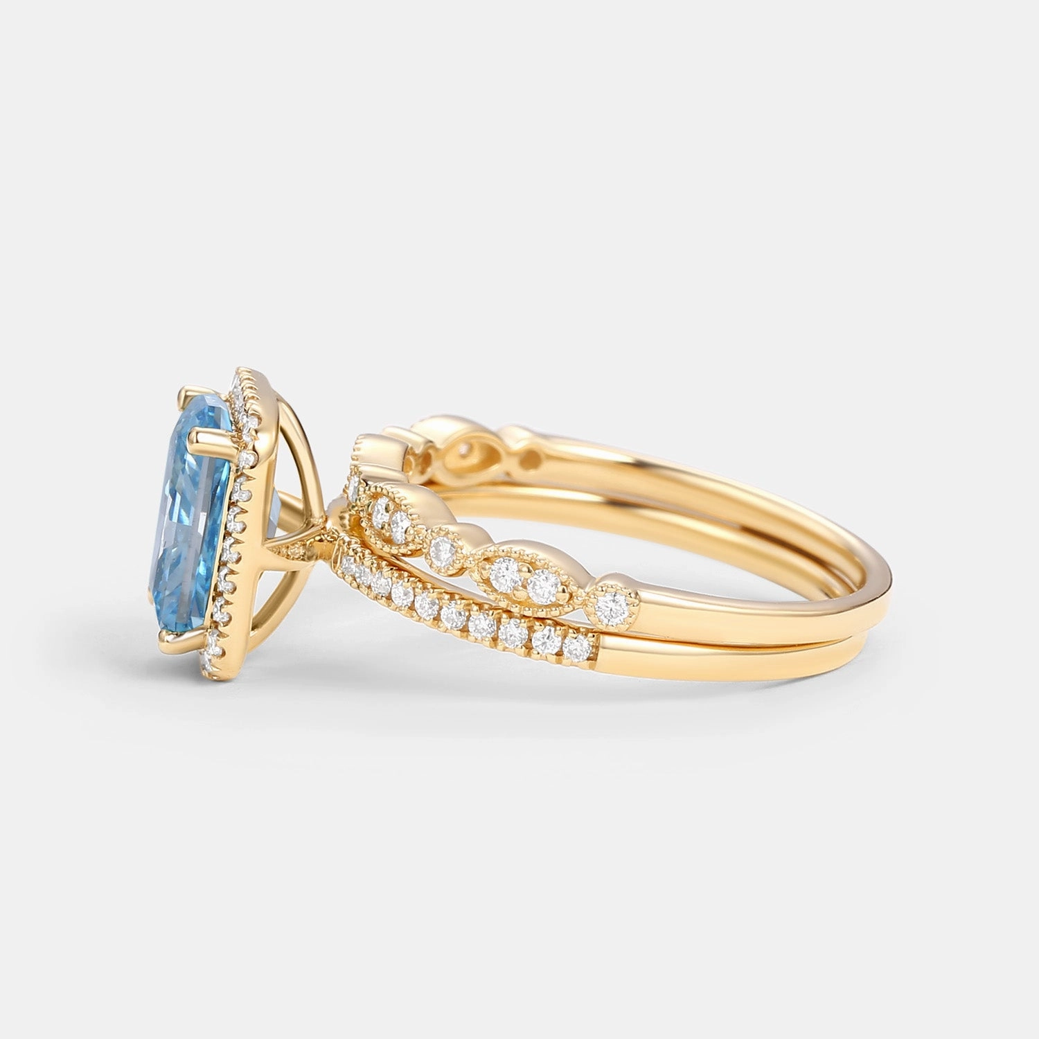 Gleaming Feature Shaped Precision 1.0ct Emerald Cut Blue Lab Grown Diamond Cluster Engagement Ring Set