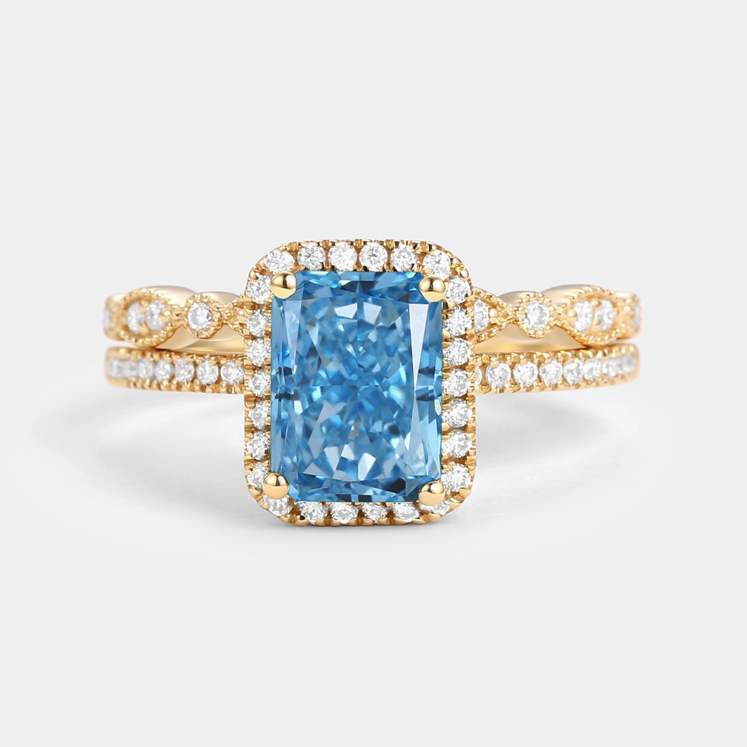 Fashion Trend Dramatic Look 1.0ct Emerald Cut Blue Lab Grown Diamond Cluster Engagement Ring Set