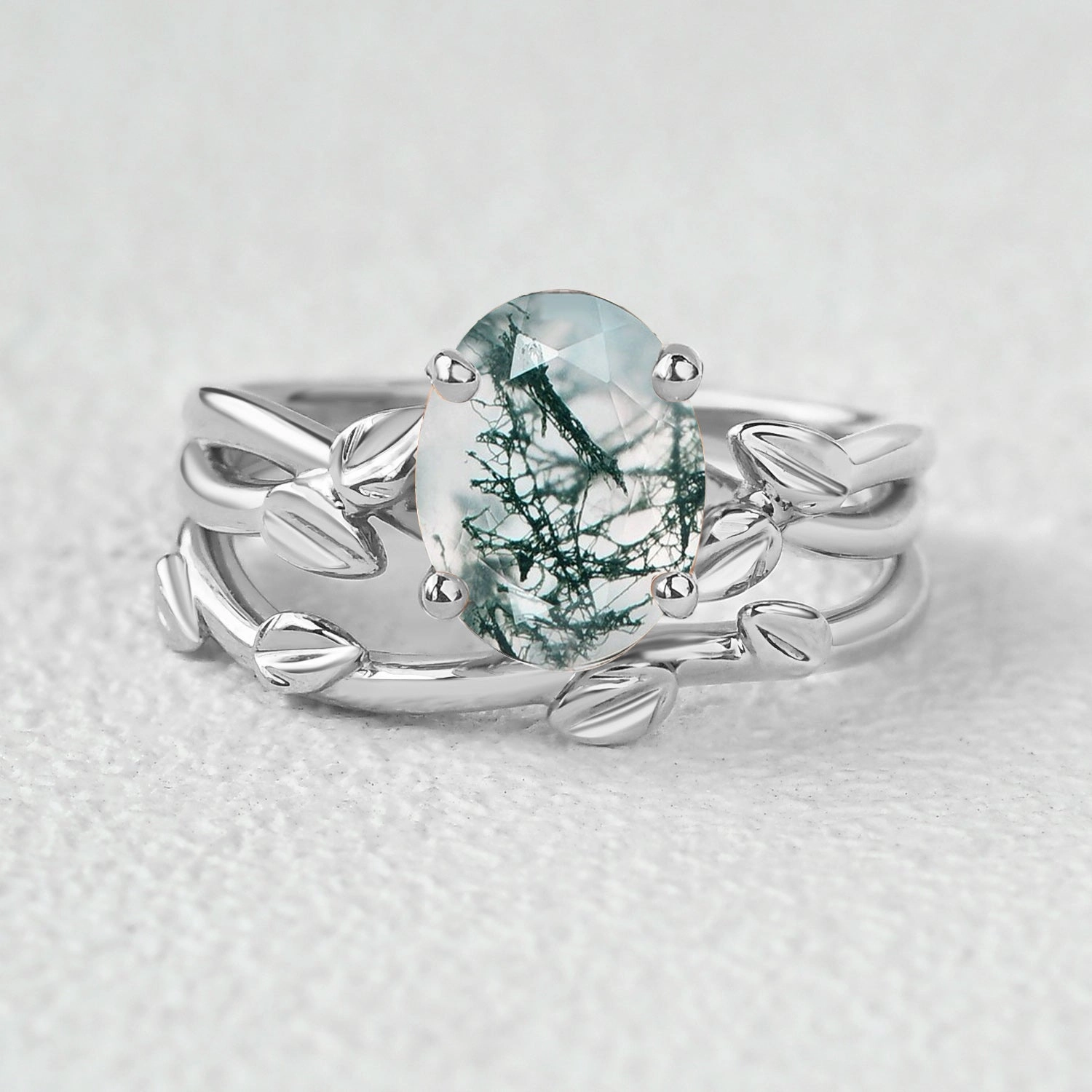 Stylish Element Twisted Leaf Oval Moss Agate Engagement Ring Sets 2pcs