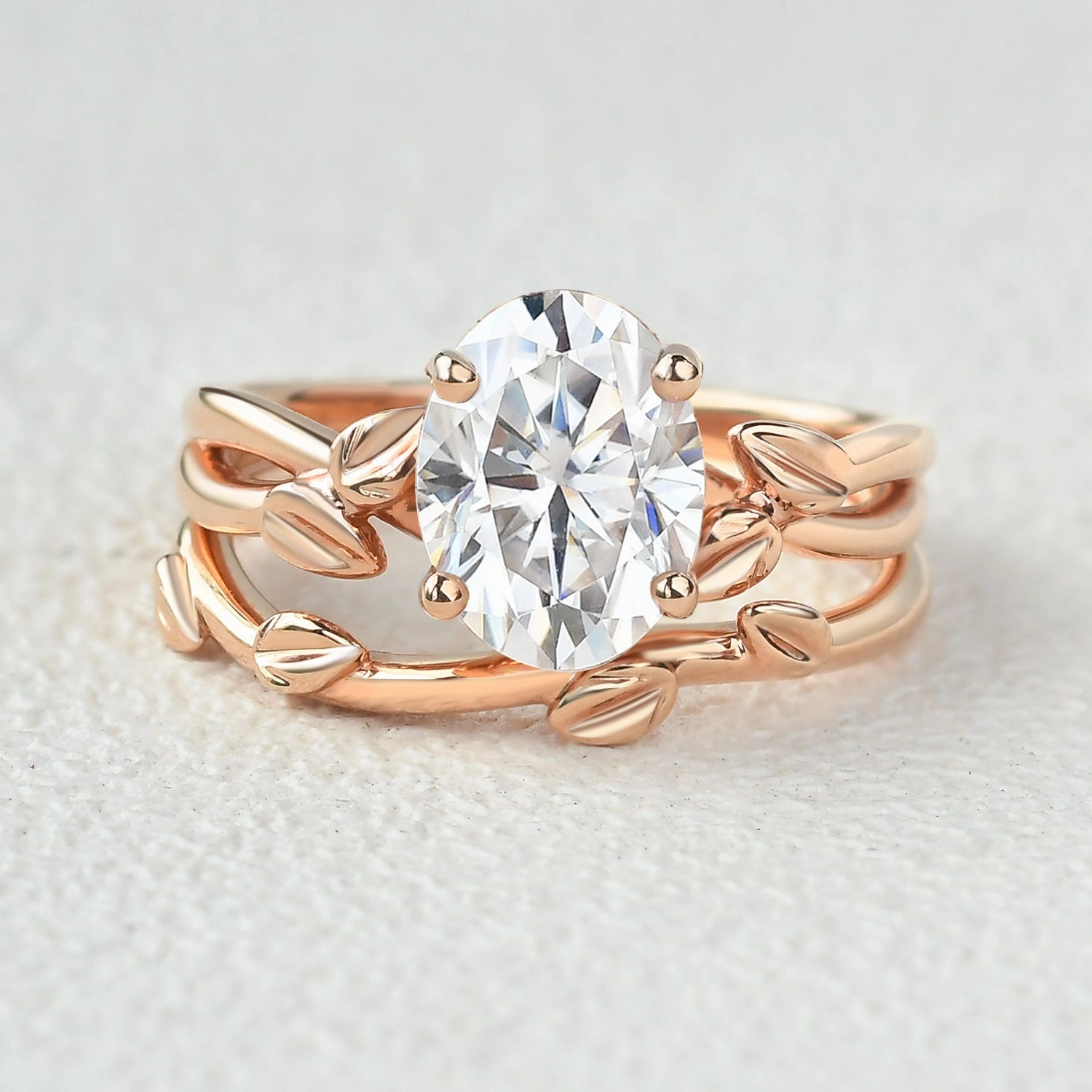 Twisted Leaf Oval Moss Agate Engagement Ring Sets 2pcs Radiant Embellishments