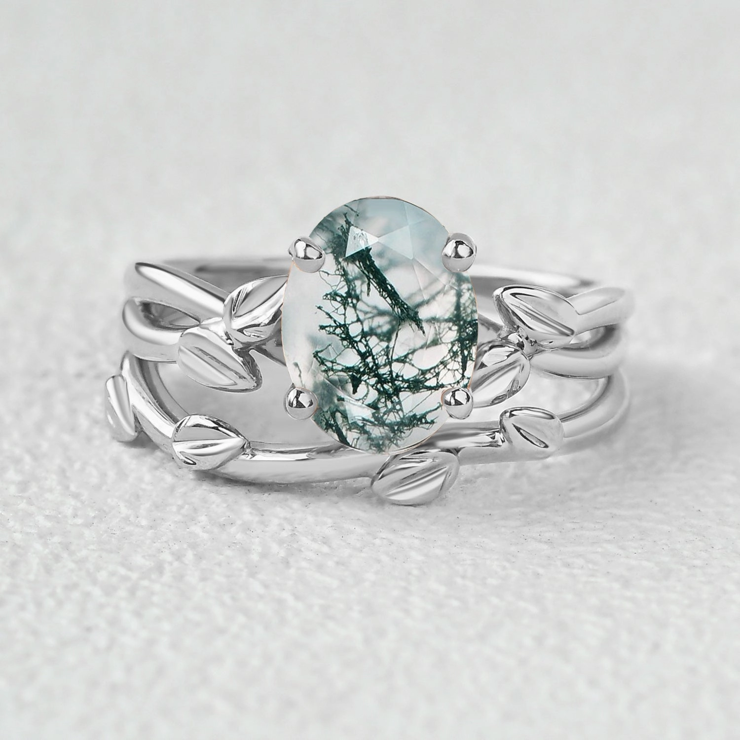 Everyday Match Twisted Leaf Oval Moss Agate Engagement Ring Sets 2pcs