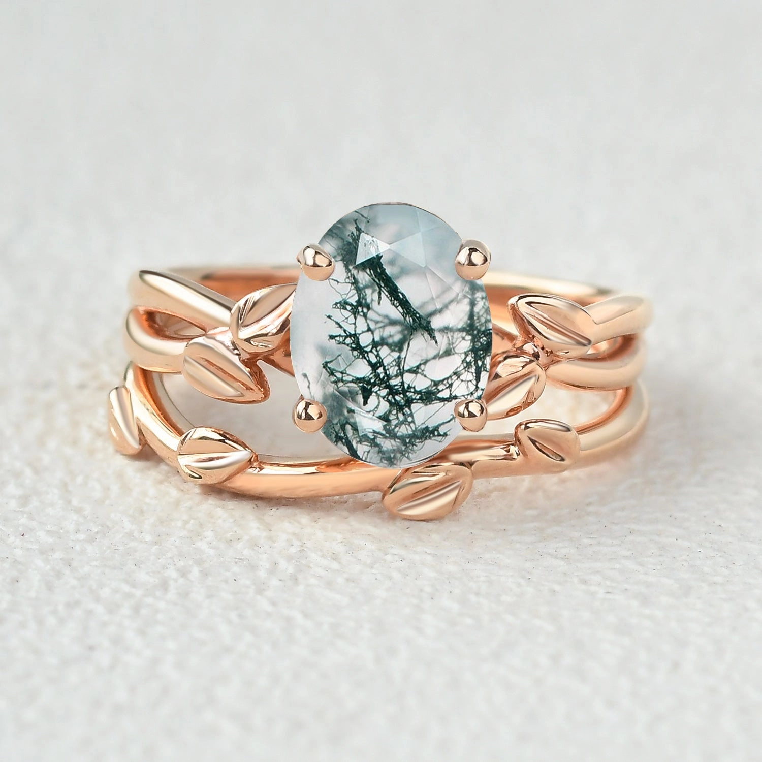 Minimalist Charm Twisted Leaf Oval Moss Agate Engagement Ring Sets 2pcs