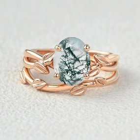Minimalist Charm Twisted Leaf Oval Moss Agate Engagement Ring Sets 2pcs
