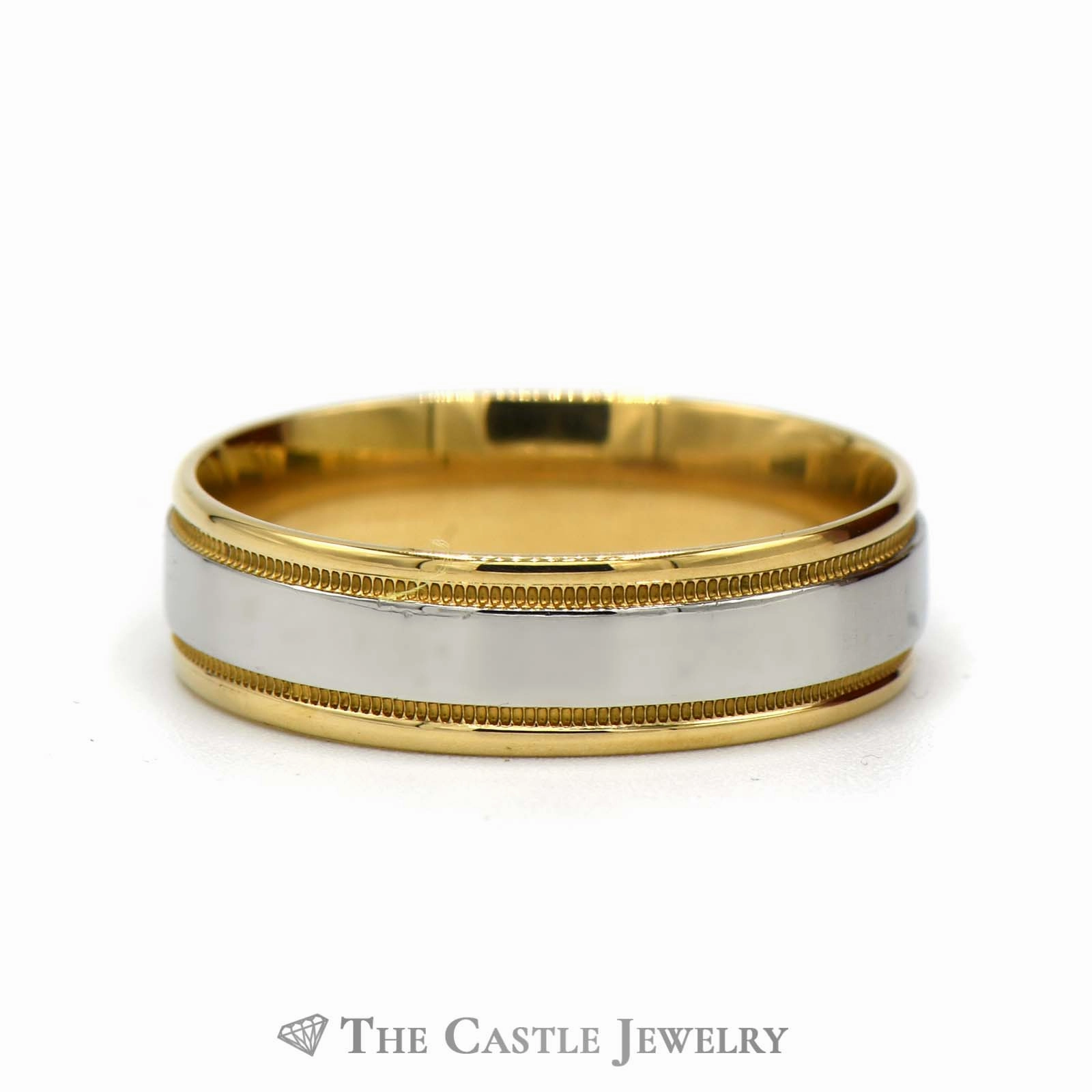 Two Tone 18k Yellow Gold and Platinum 6.75mm Wedding Band with Milgrain Edge Sisterhood Gift Daily Accent