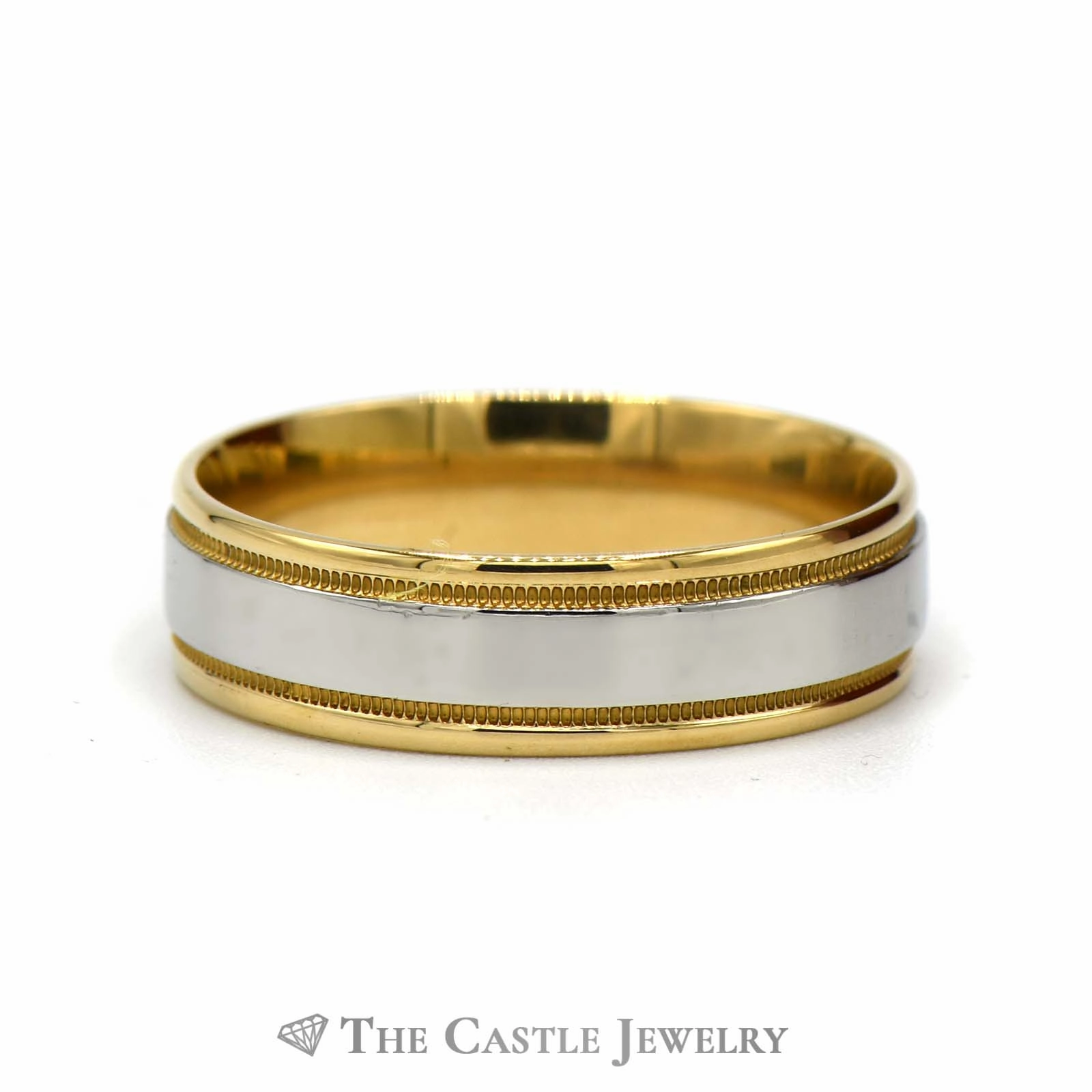 Two Tone 18k Yellow Gold and Platinum 6.75mm Wedding Band with Milgrain Edge Unique Article