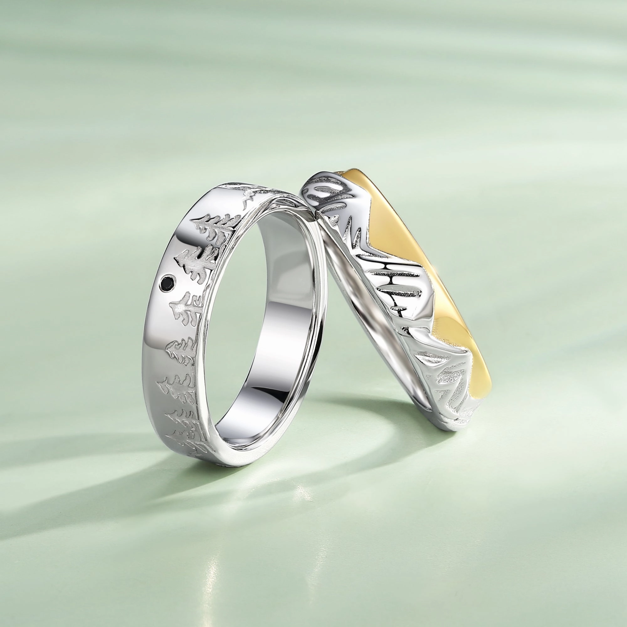 Two-tone Mountain Engraved Couple Ring Set 2pcs - Sylvan Sophisticated Style