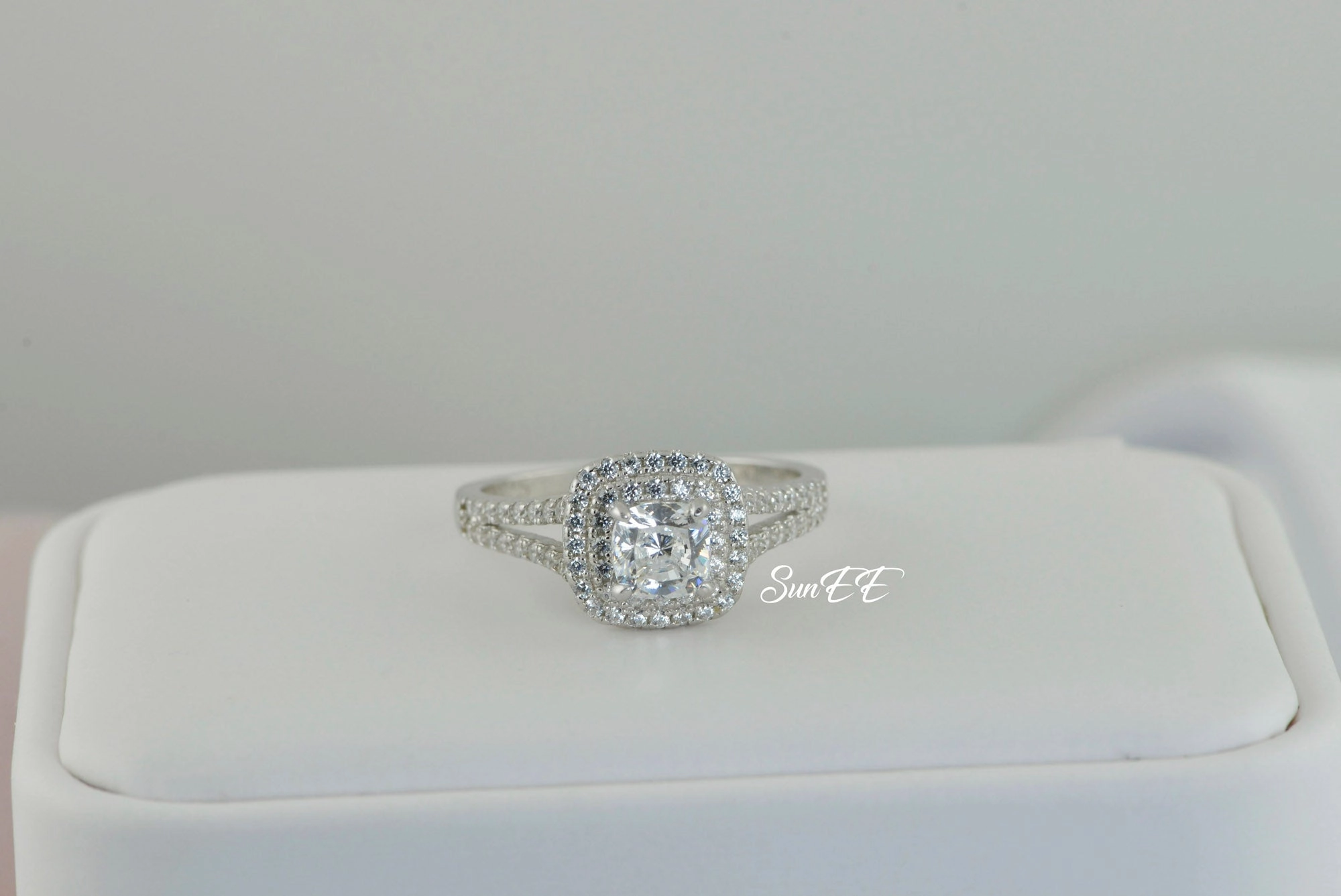 Protective Coating Meaningful Ornament 2.35 carat Double Halo Cushion Cut Bridal Wedding Engagement Ring Diamond Simulated 925 Sterling Silver Anniversary Ring SKU:00152