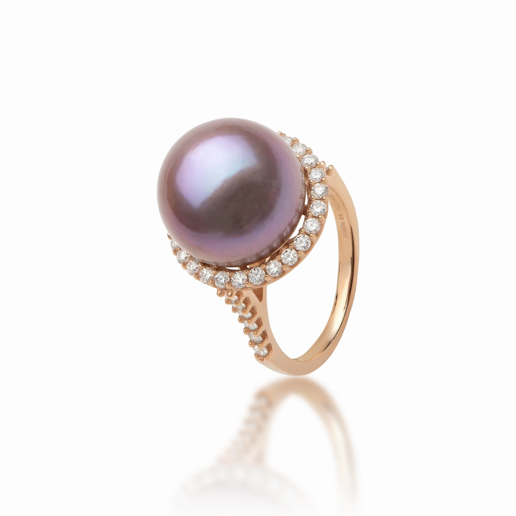 Glossy Detail Red Tone Ultraviolet Freshwater Pearl Ring in Rose Gold with Diamonds - 14-15mm