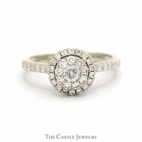 Round Diamond Cluster Engagement Ring with Diamond Halo & Accented Sides in 14k White Gold Economical Embellishment