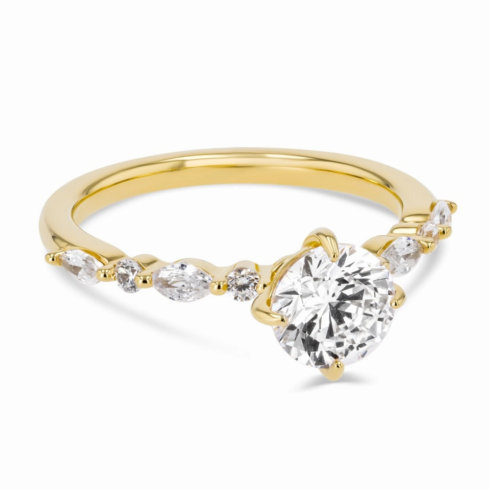Simple Detail Summer Round Lab Grown Diamond Single Shared Prong Side Stone Engagement Ring