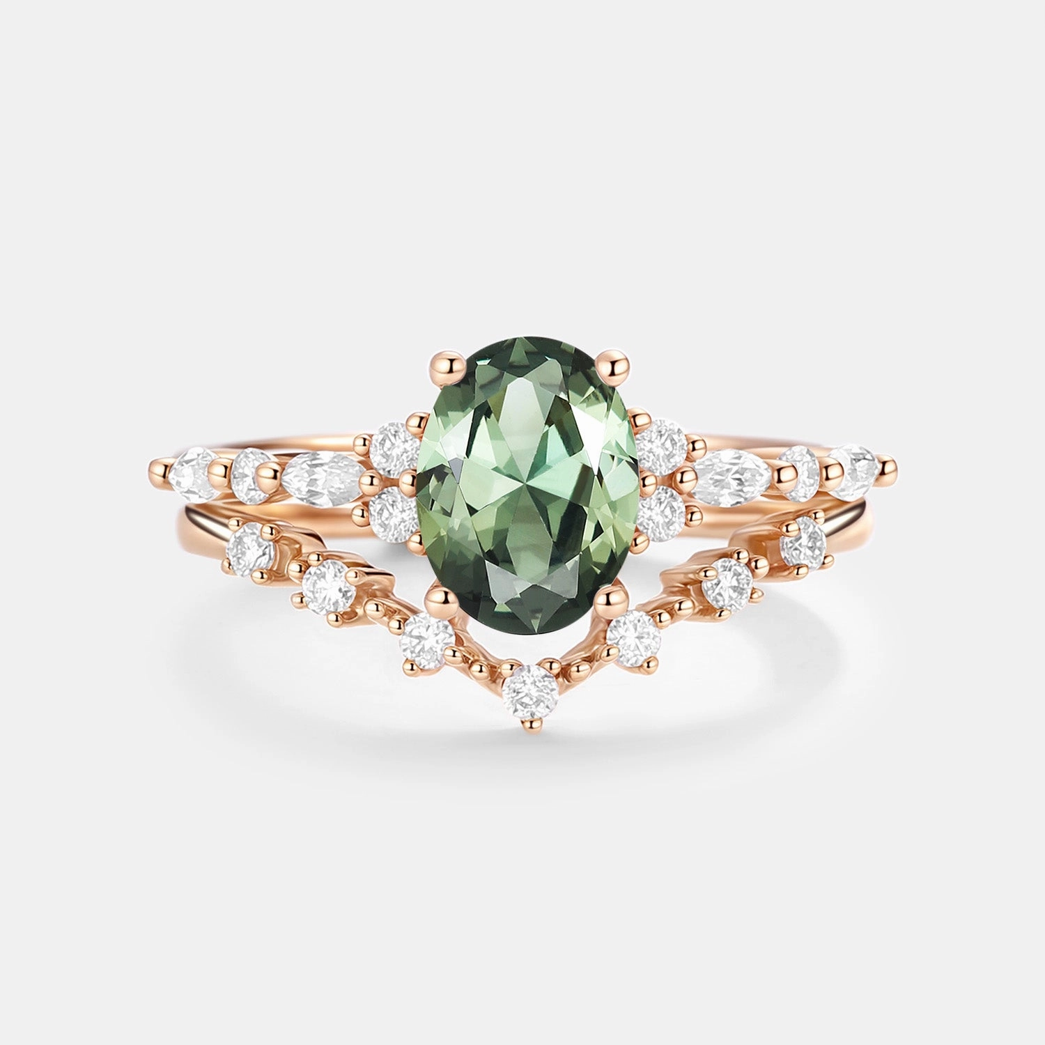 Vivid Edge Artisan Flair Oval Cut Lab Green Sapphire Classic Engagement Ring Set 2pcs