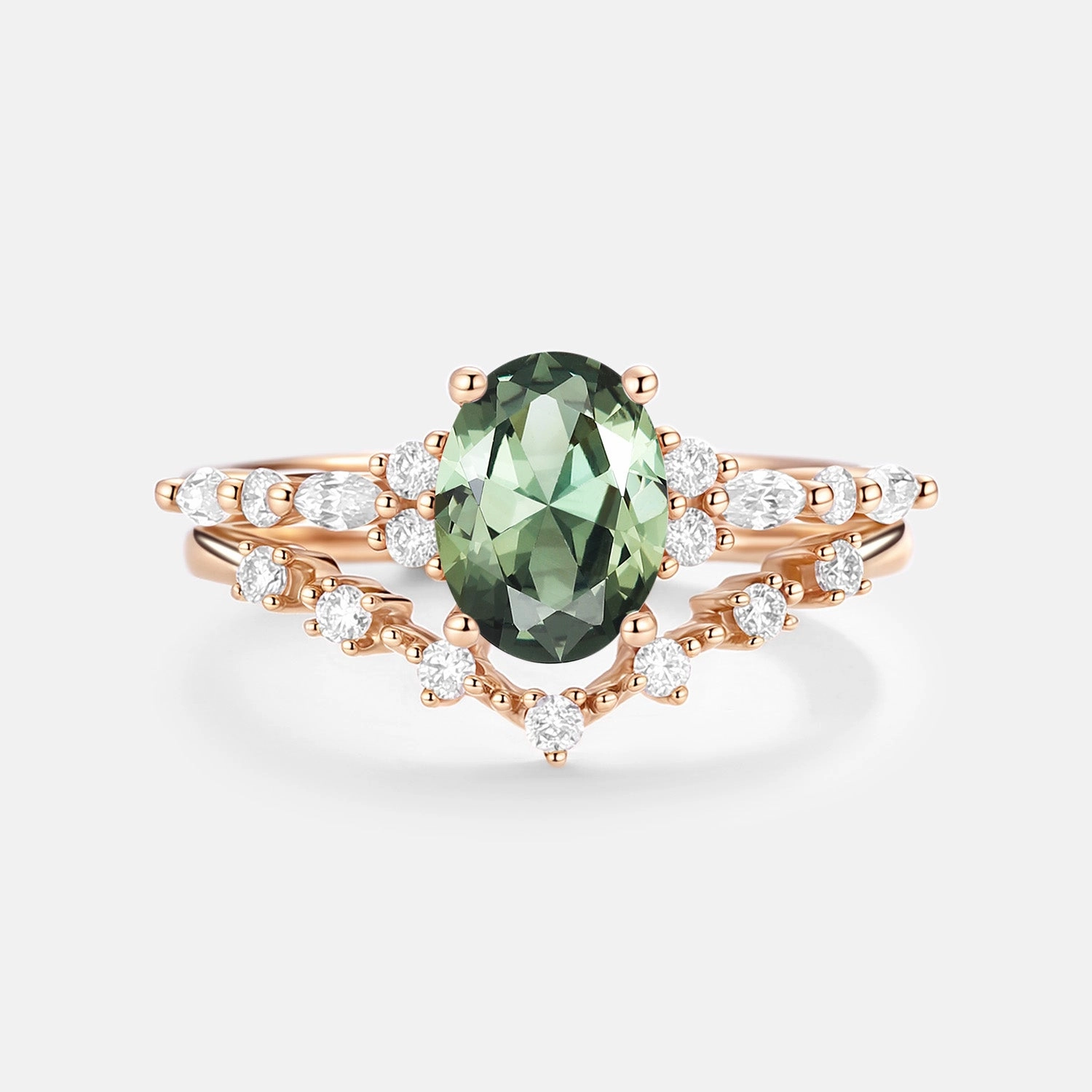 Oval Cut Lab Green Sapphire Classic Engagement Ring Set 2pcs Vacation Mood Timeless Accessory