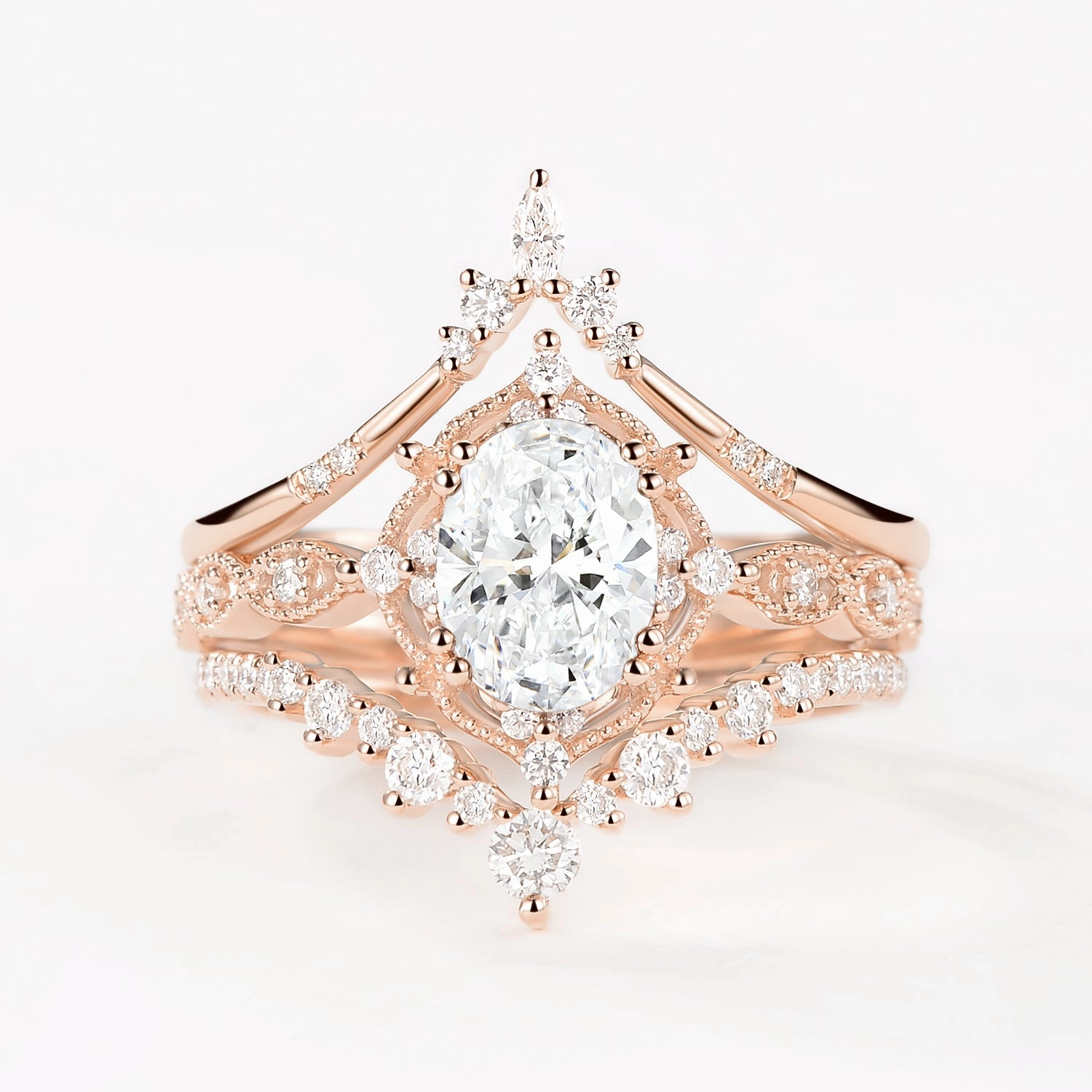 Oval Moissanite Signature Vintage Ring Set 3pcs - Charlotte Everyday Look