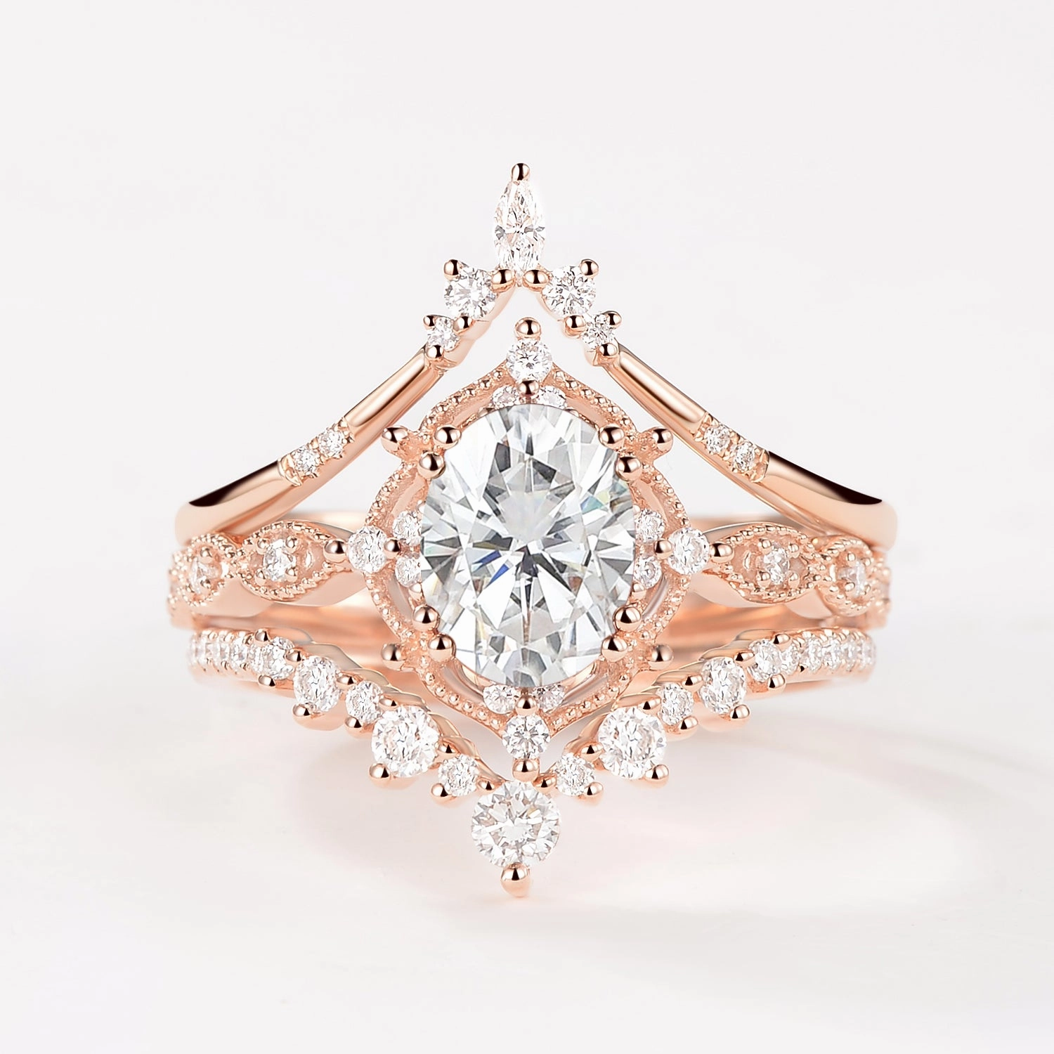 Oval Moissanite Signature Vintage Ring Set 3pcs - Charlotte Radiant Gems