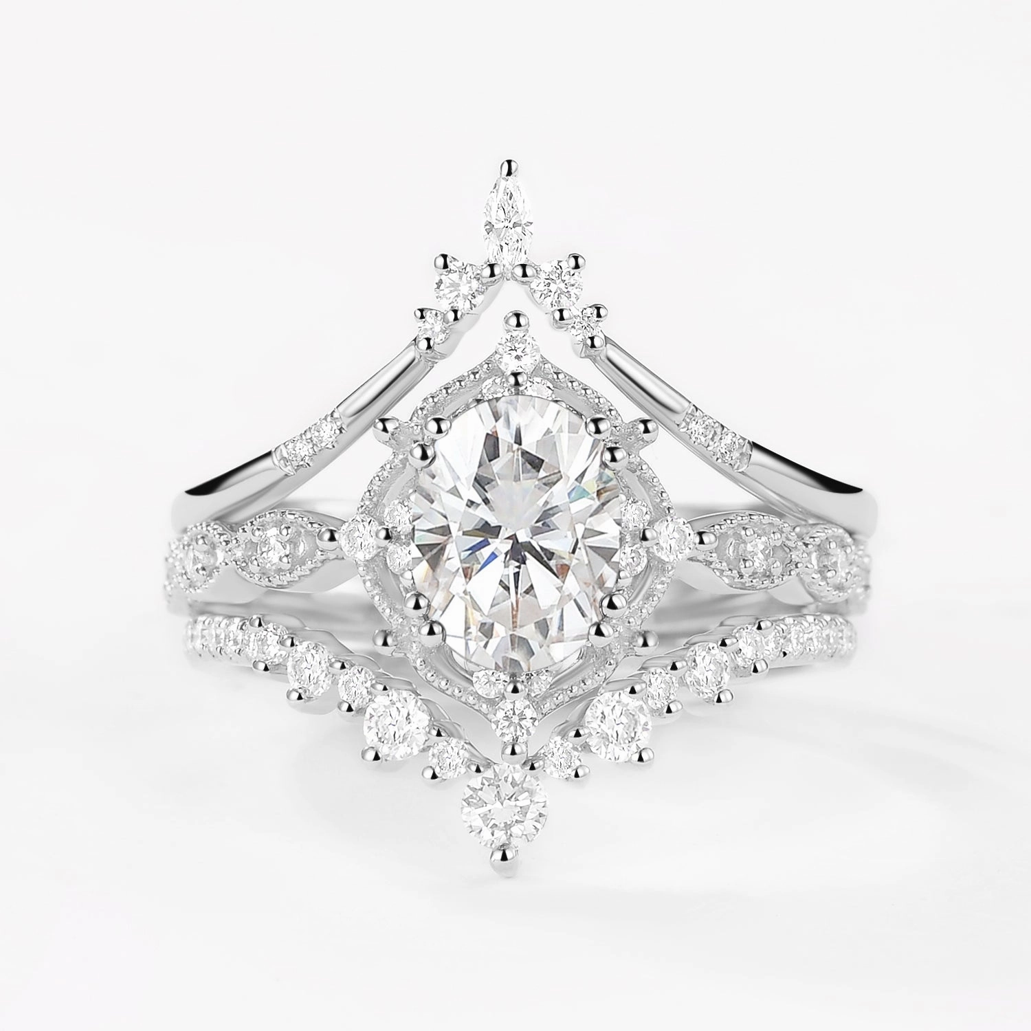 Polished Style Oval Moissanite Signature Vintage Ring Set 3pcs - Charlotte