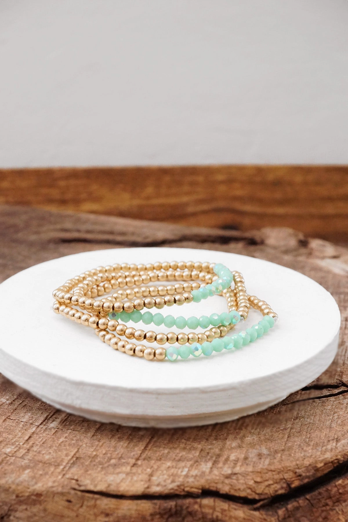 Small Worn Gold tone and Glass beads bracelet stack of 4 bracelets Broad Combinations