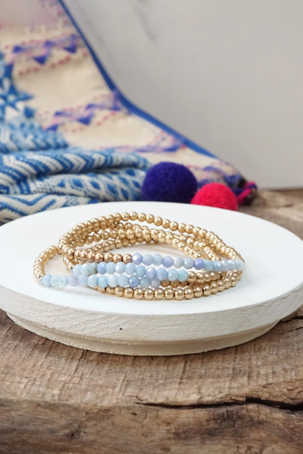 Small Worn Gold tone and Glass beads bracelet stack of 4 bracelets Limited Story Unique Journey