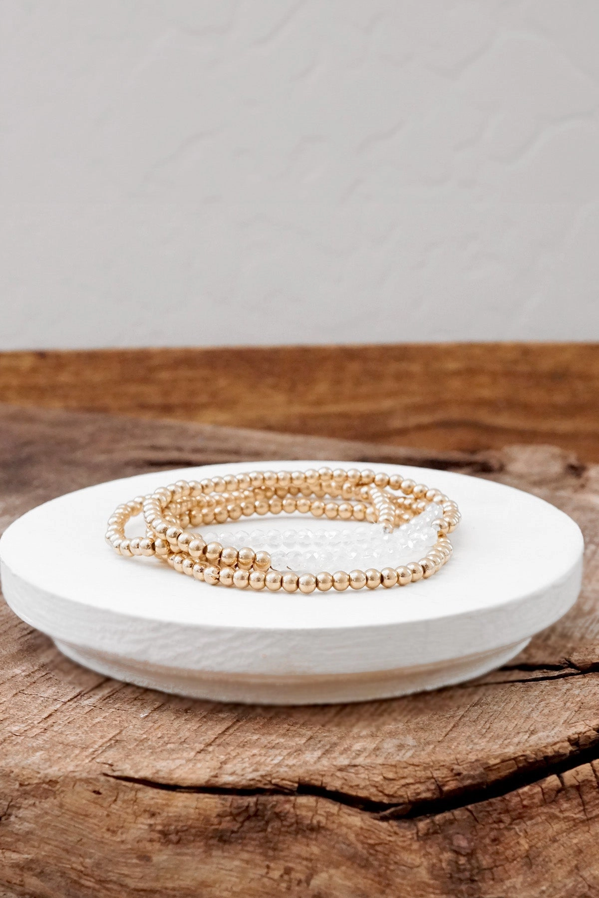 Small Worn Gold tone and Glass beads bracelet stack of 4 bracelets Unfettered Fusions Memorable Gift