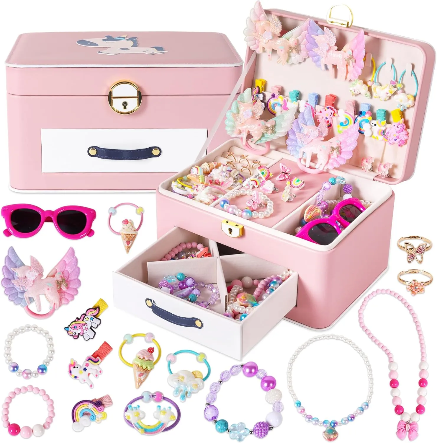 Unicorn Jewelry Box Set Girls Hair Clip, Ear Clip, Ring Necklace, Bracelet, Sunglasses Combination Set for Children 2-5 Years Old