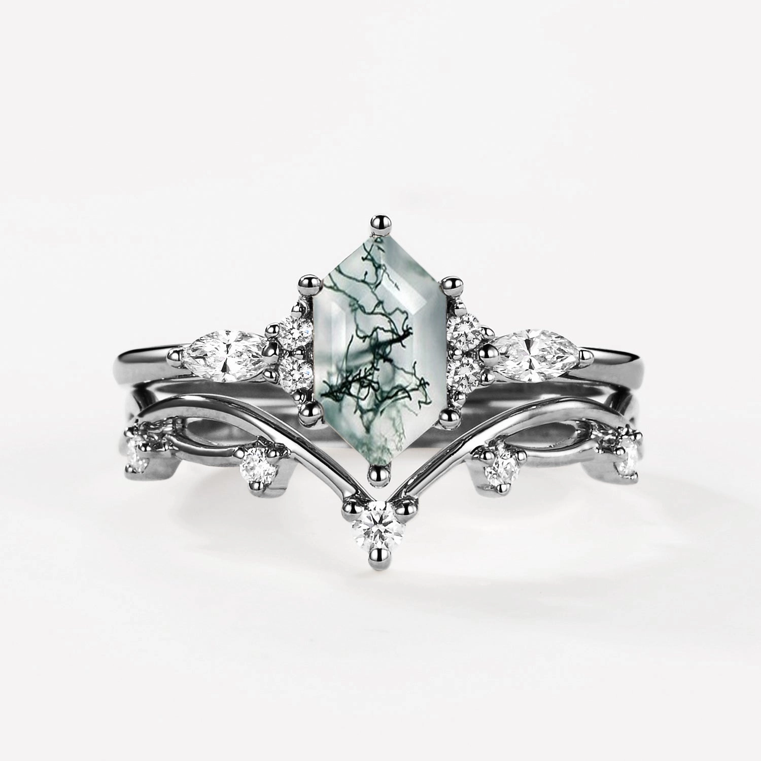 Black Gold Long Hexagon Moss Agate Leafy Ring Set 2pcs - Ona Urban Flair Radiant Jewelry Shine