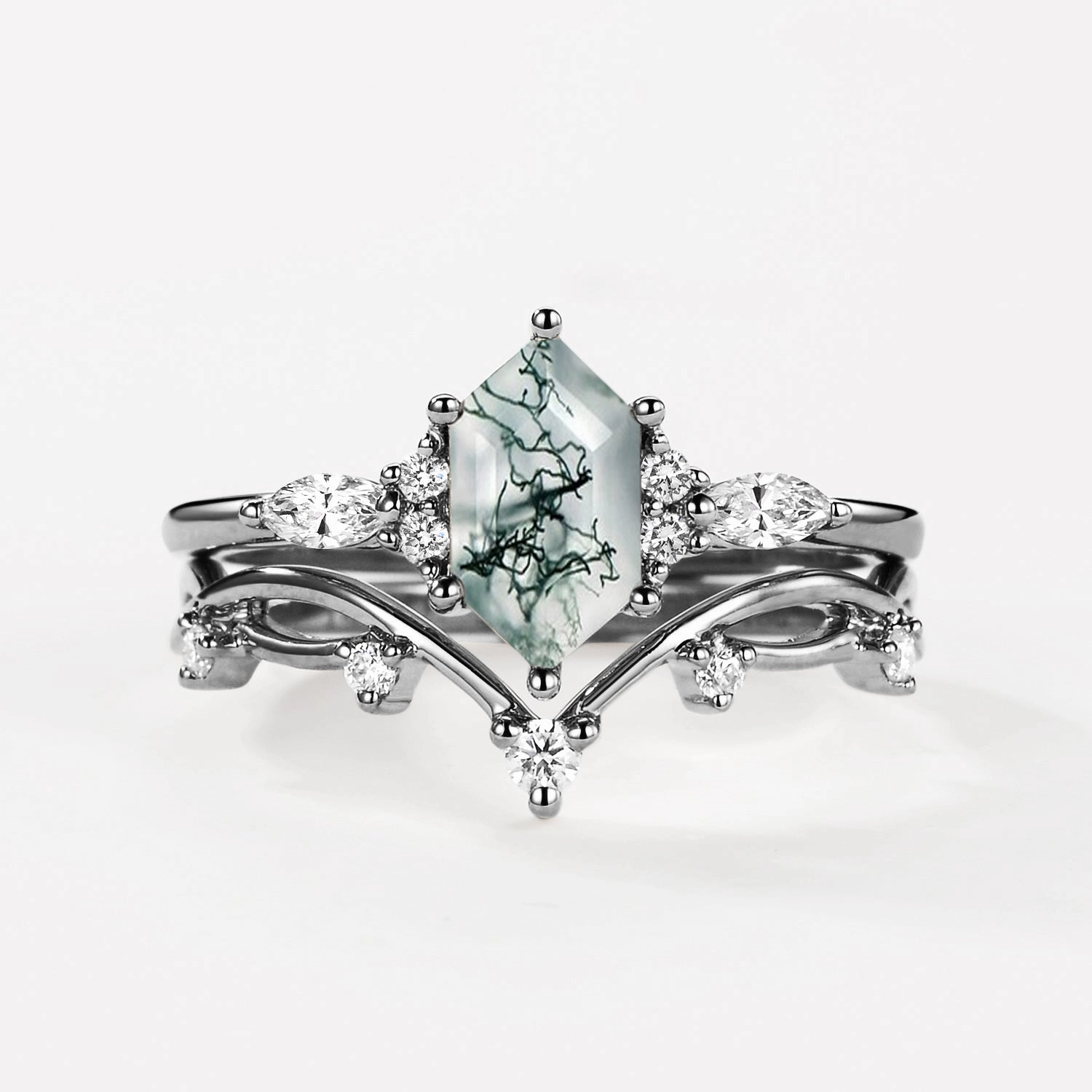 Modern Charm Black Gold Long Hexagon Moss Agate Leafy Ring Set 2pcs - Ona