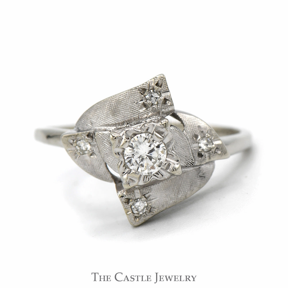 Unique Antique Style Diamond Ring with Brushed Texture in 14k White Gold Simple Memento Fashion Touch