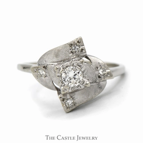 Unique Antique Style Diamond Ring with Brushed Texture in 14k White Gold Simple Memento Fashion Touch