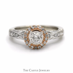 1/2cttw Round Diamond Engagement Ring with Diamond Halo and Diamond Accented Sides in 14k Rose & White Gold Resilient material Travel Wear
