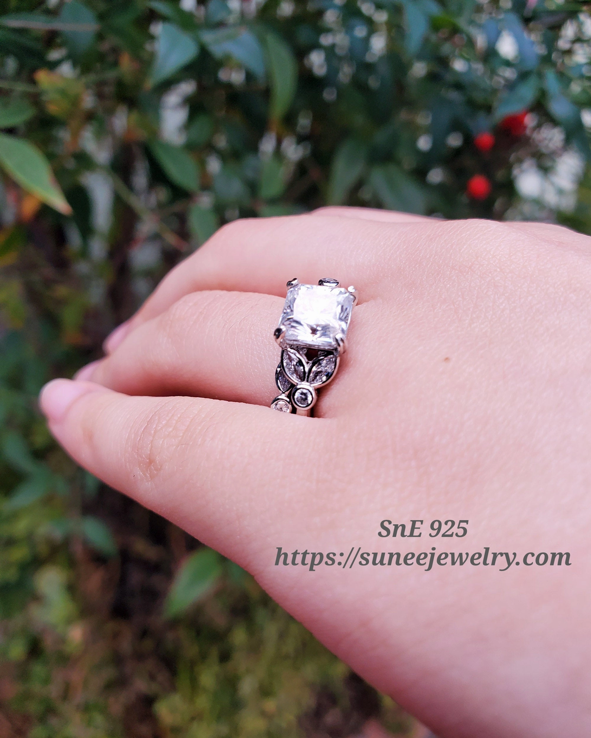 Exclusive Craft Minimal Present 2ct Princess & Dainty Art Deco Moissanite Main Stone Wedding Engagement Ring Set Engagement Ring 925 Sterling Silver Bridal Ring SKU:00187M