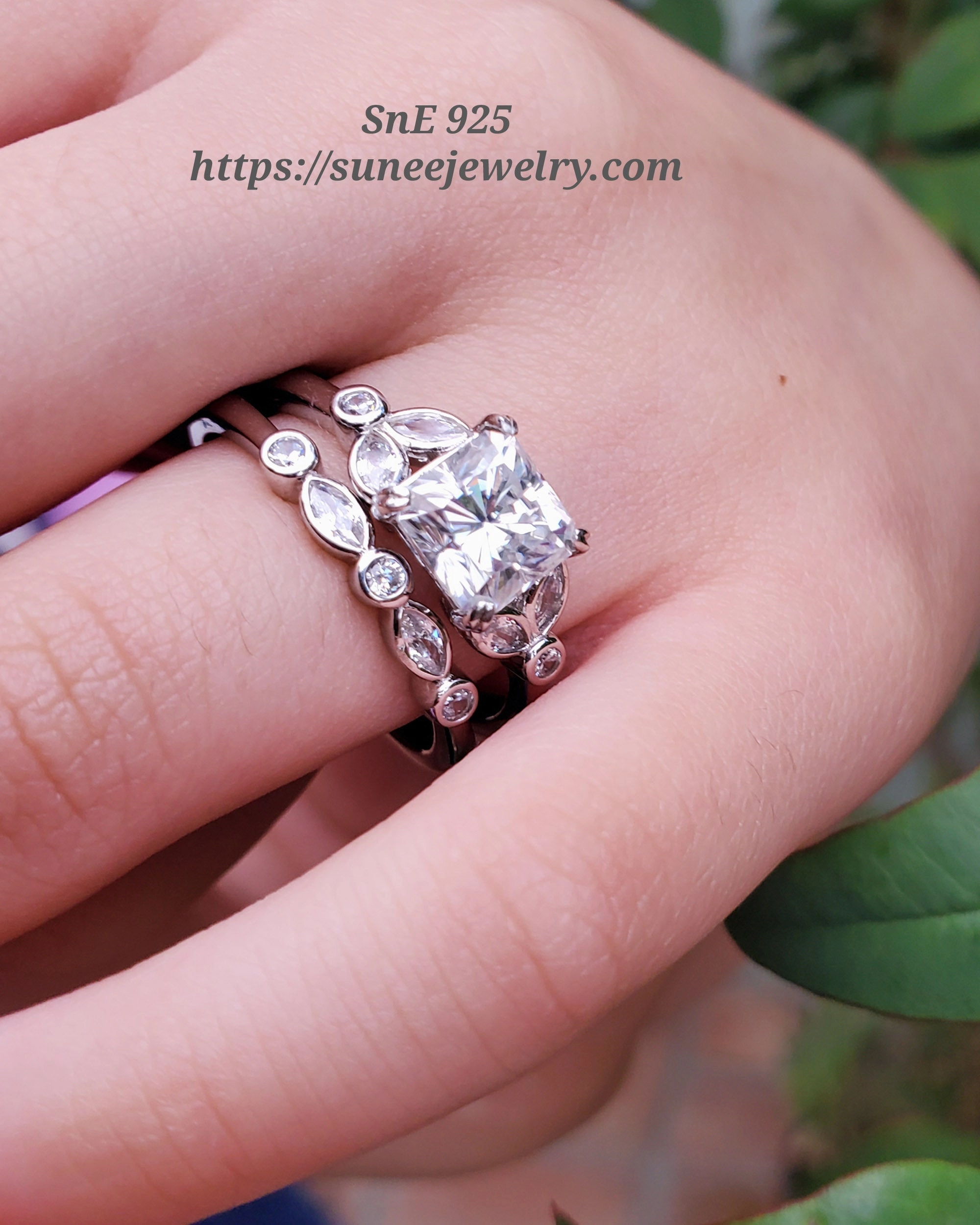 Elegant Ornament Clean Vibe 2ct Princess & Dainty Art Deco Moissanite Main Stone Wedding Engagement Ring Set Engagement Ring 925 Sterling Silver Bridal Ring SKU:00187M