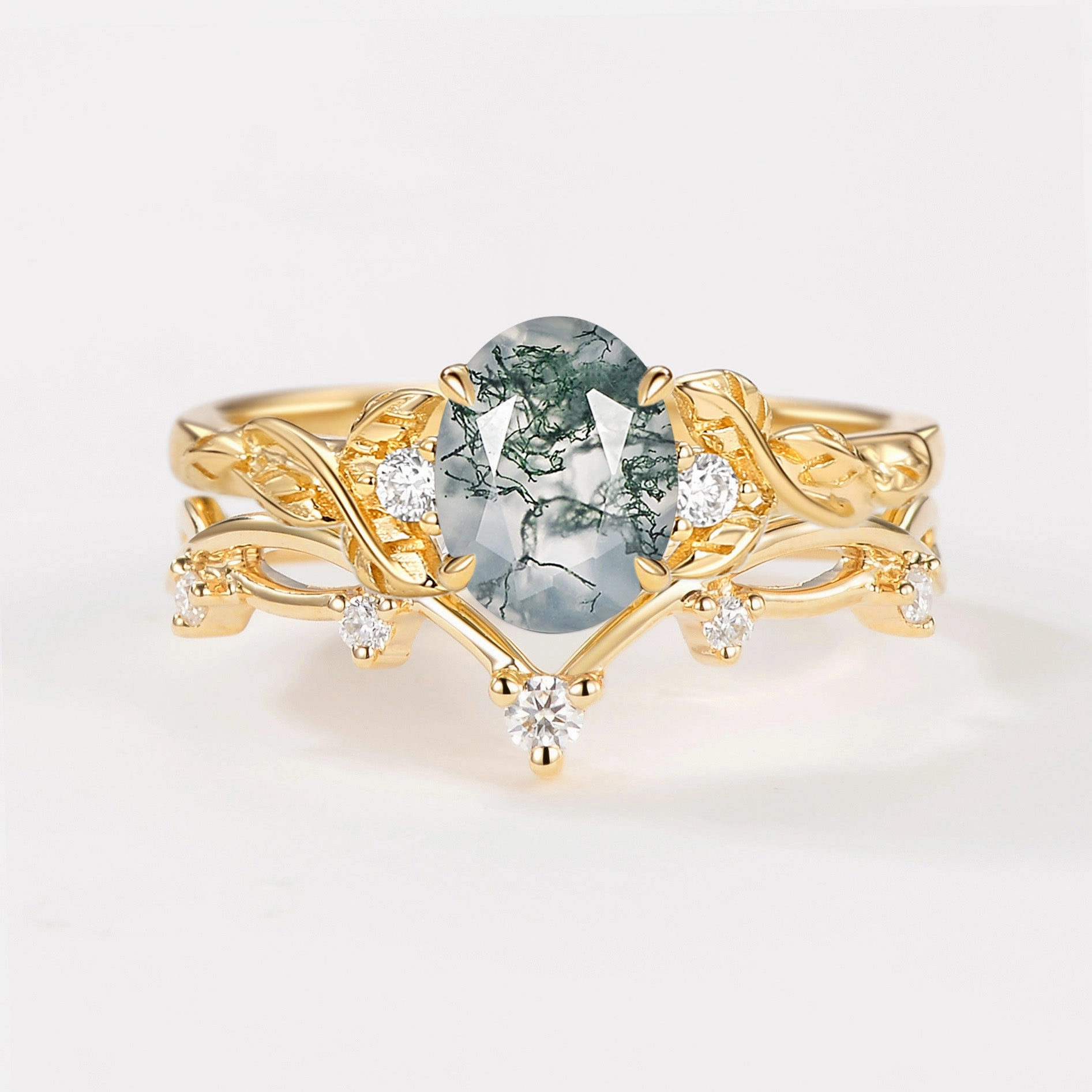 Branches Oval Shaped Moss Agate Leafy Ring Set 2pcs shiny accents Seasonal Gift