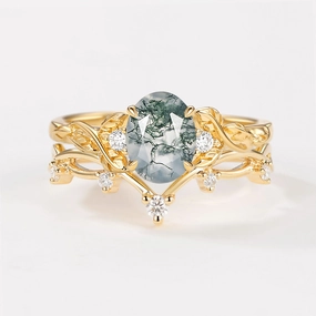 Branches Oval Shaped Moss Agate Leafy Ring Set 2pcs Style Upgrade Distinctive Sparkle