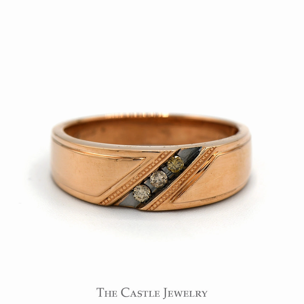 Minimalist Style Men's Diagonally Set 3 Cocoa Diamond Band in 10k Rose Gold