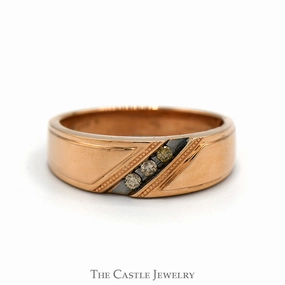 Minimalist Style Men's Diagonally Set 3 Cocoa Diamond Band in 10k Rose Gold