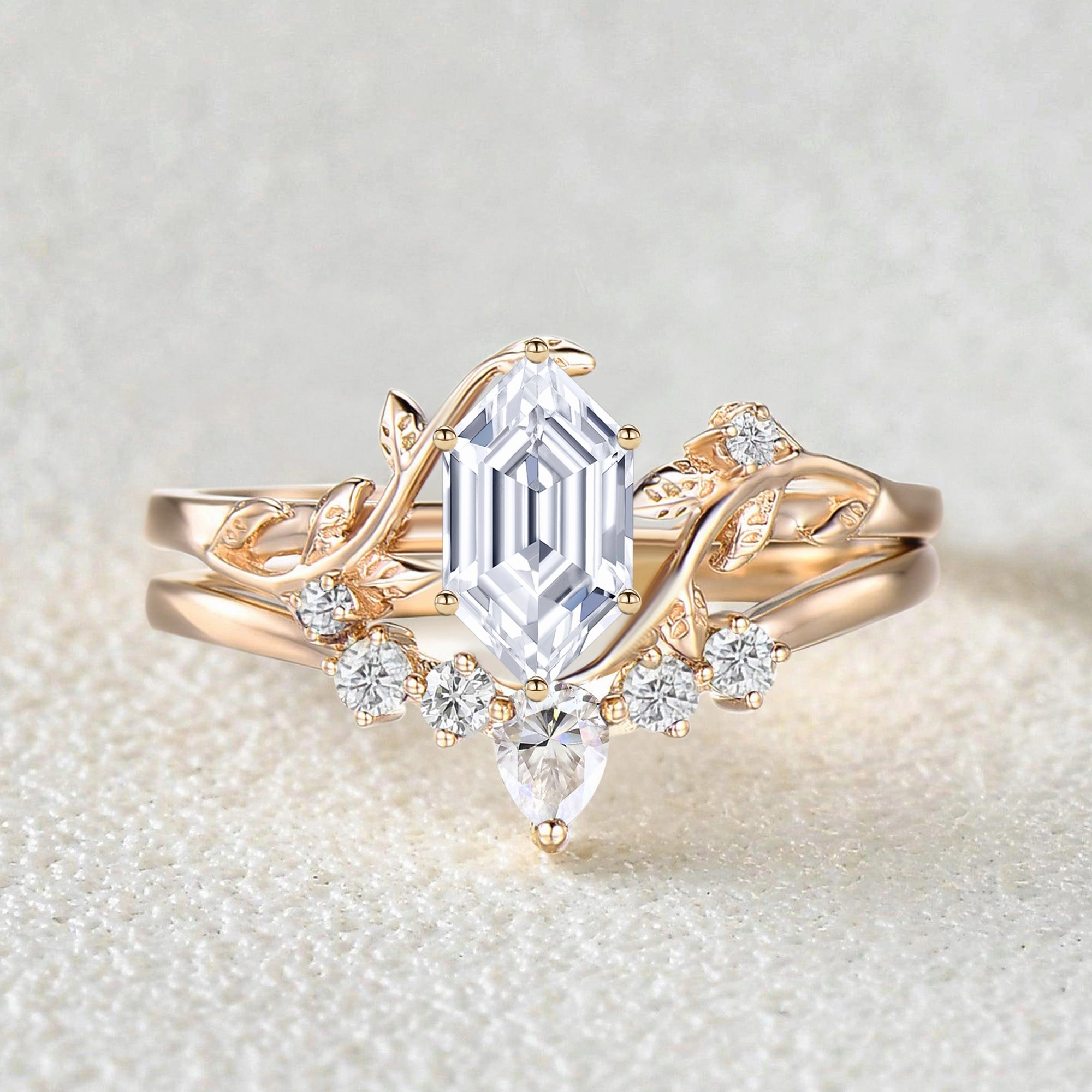 Unique Hexagon Cut Moss Agate Leafy Bridal Ring Sets 2pcs - Willow Comfort Mood