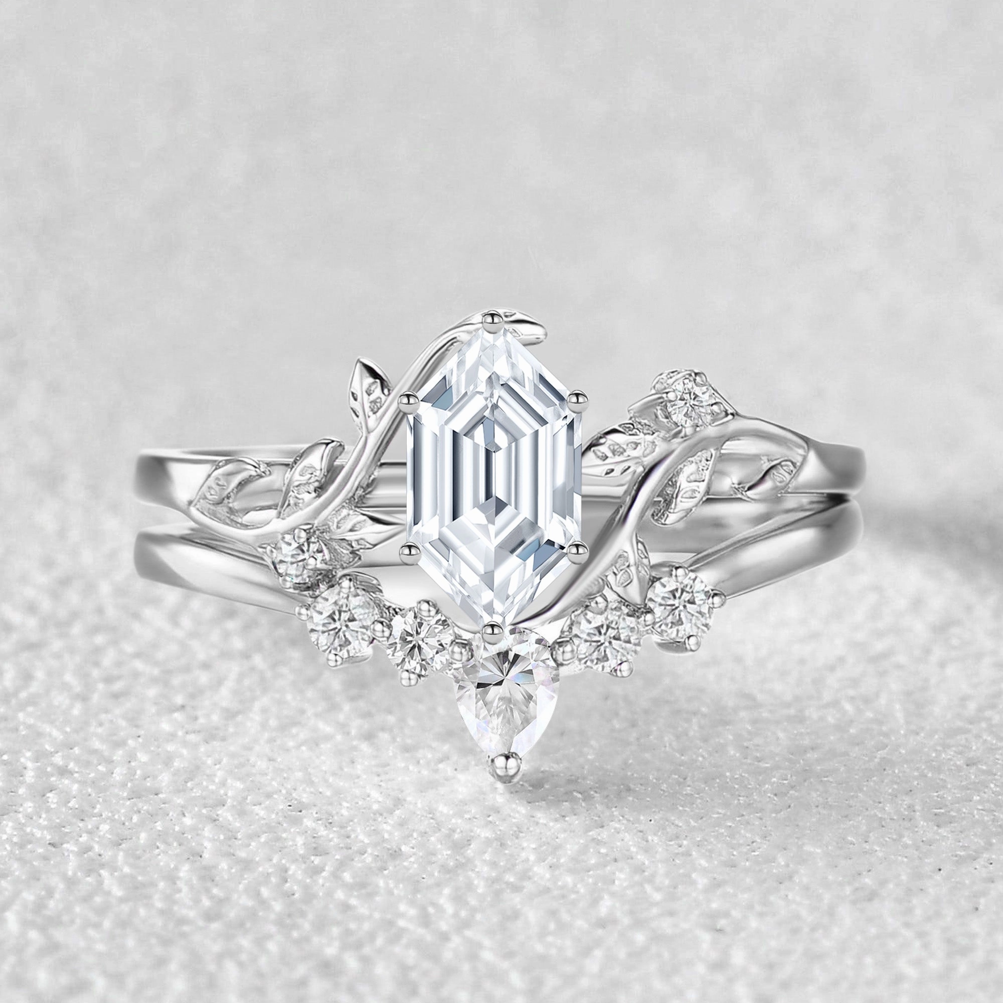 Unique Hexagon Cut Moss Agate Leafy Bridal Ring Sets 2pcs - Willow Opulent Detail