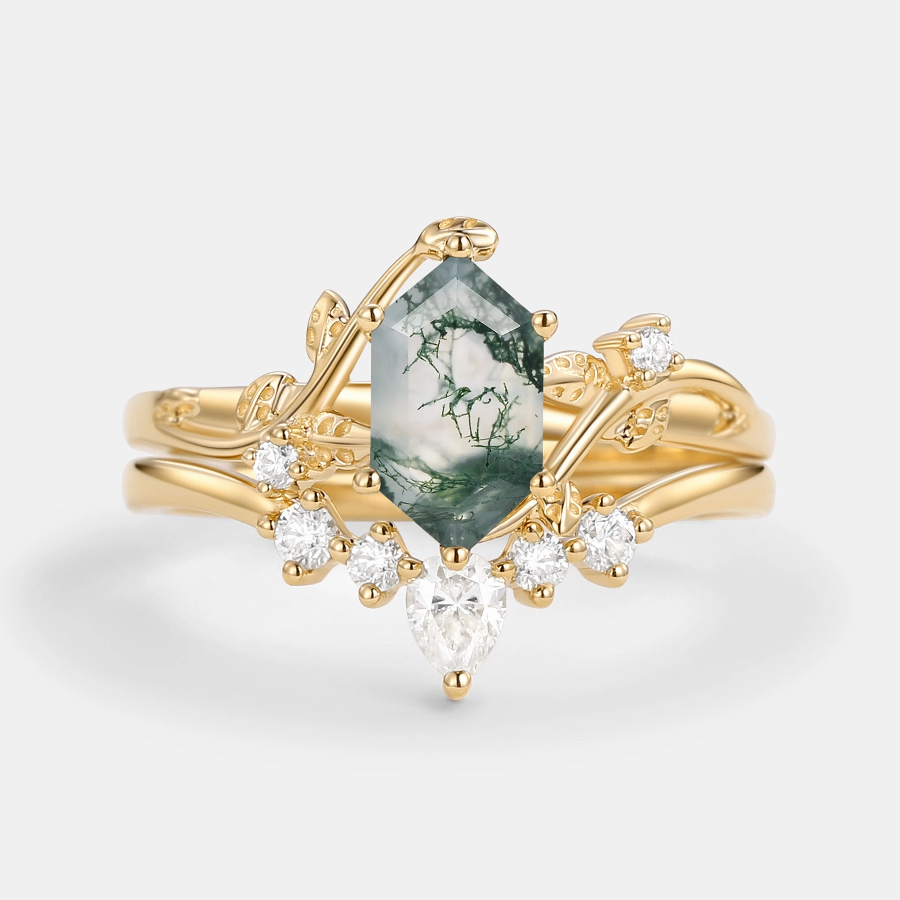 Stylish Addition Unique Hexagon Cut Moss Agate Leafy Bridal Ring Sets 2pcs - Willow