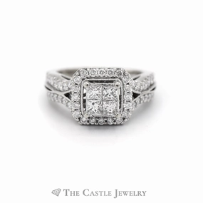 1CTTW Invis Set Bridal Ring with Round Diamond Center & Square Diamond Halo in 14KT White Gold Delicate Shine Value Ornament