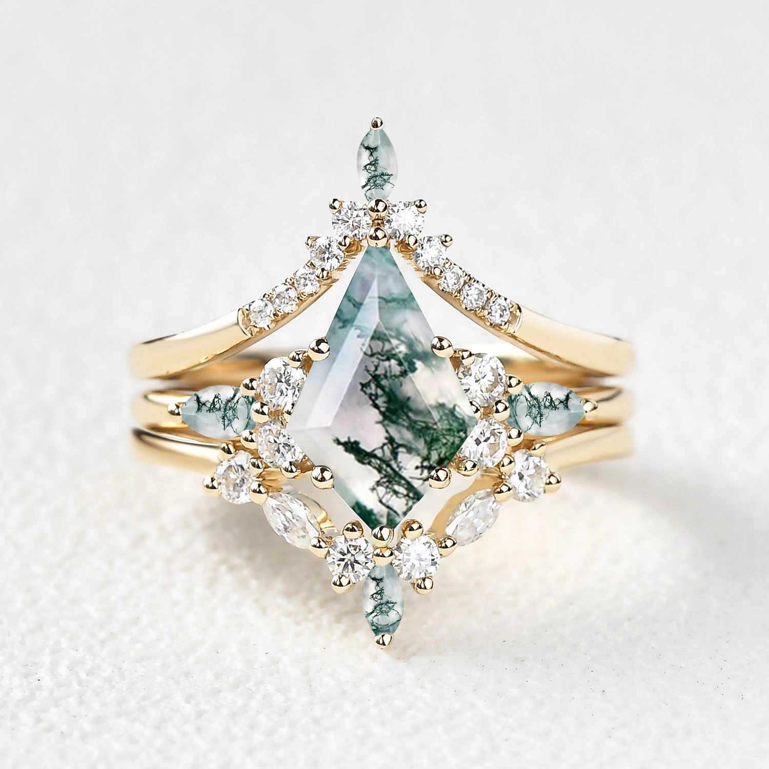 Unique Kite Cut Green Moss Agate Chevron Engagement Ring Set 3pcs - Tessa Graceful Choice Cozy Look