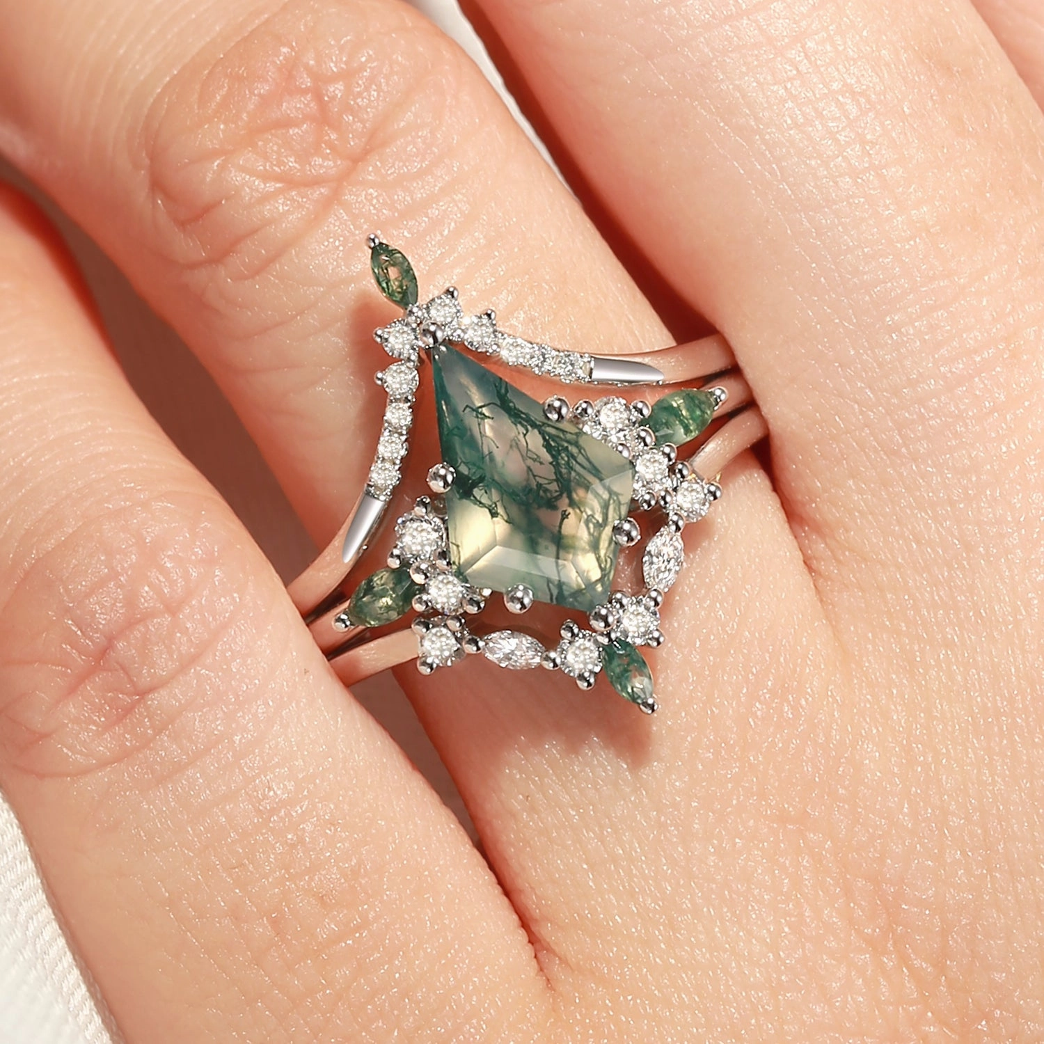 Unique Kite Cut Green Moss Agate Chevron Engagement Ring Set 3pcs - Tessa Elegant Statement Urban Pop