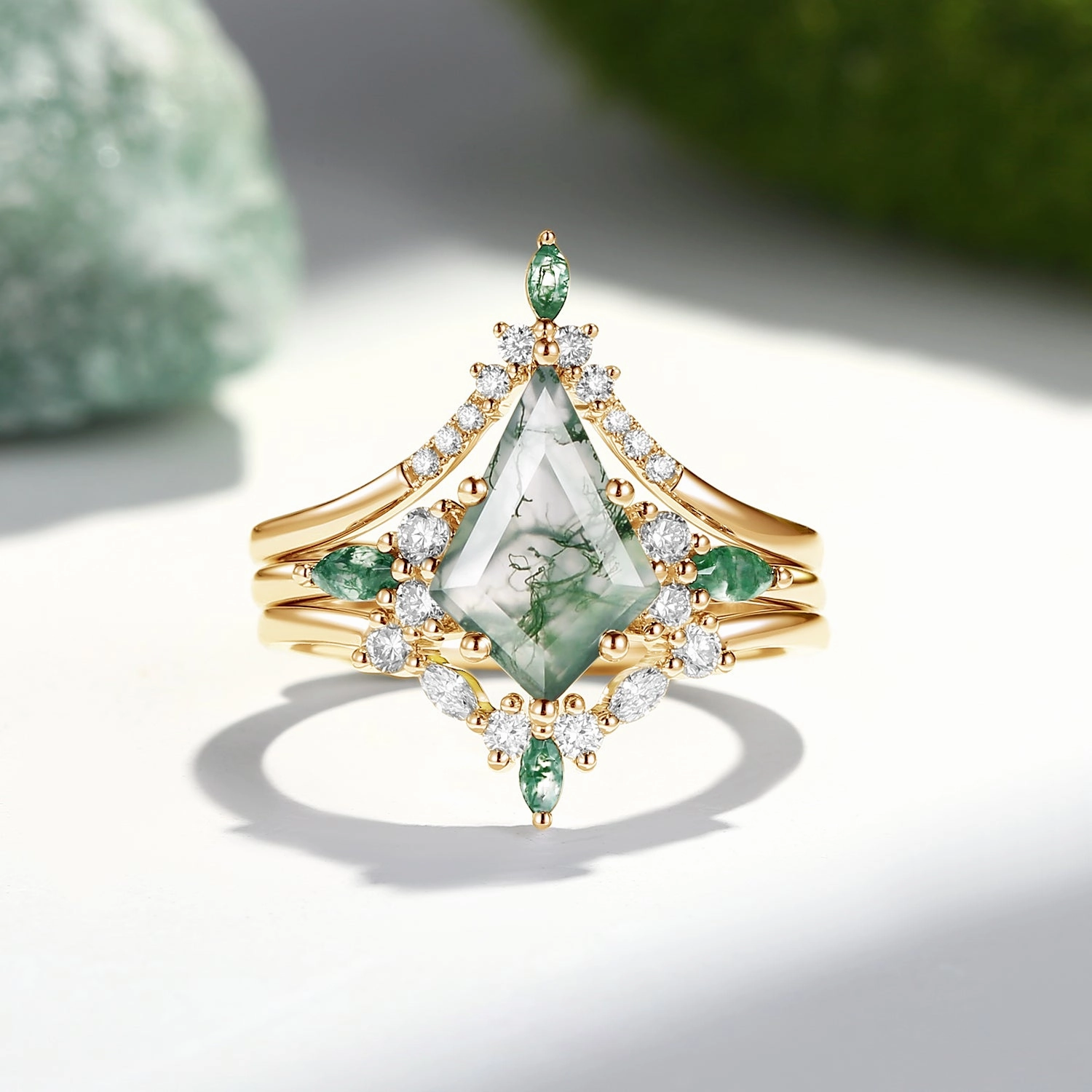 Unique Kite Cut Green Moss Agate Chevron Engagement Ring Set 3pcs - Tessa Handmade Jewelry