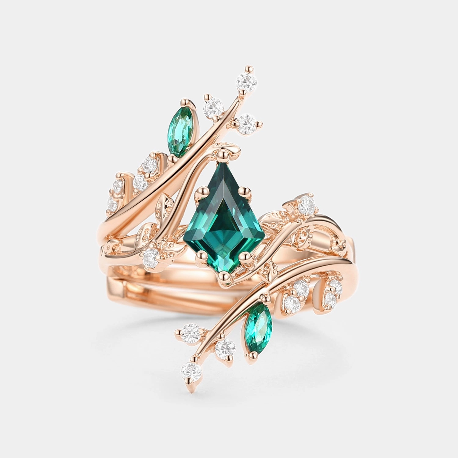 Unique Kite Cut Lab Emerald Cage Leafy Engagement Ring Sets 2pcs - Knight Bold Radiance Luxury Flow