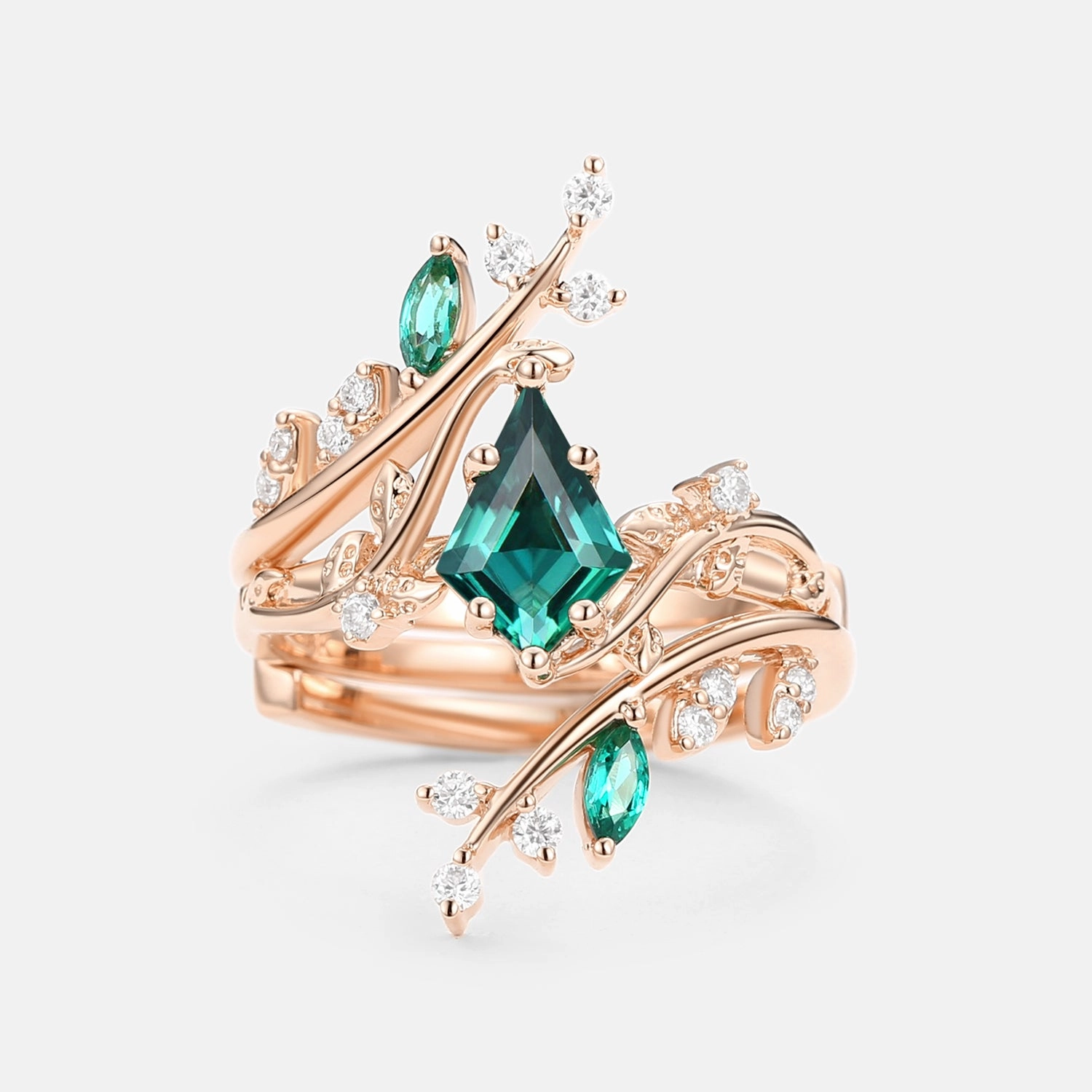 Unique Kite Cut Lab Emerald Cage Leafy Engagement Ring Sets 2pcs - Knight Cozy Accent Personalized Craft
