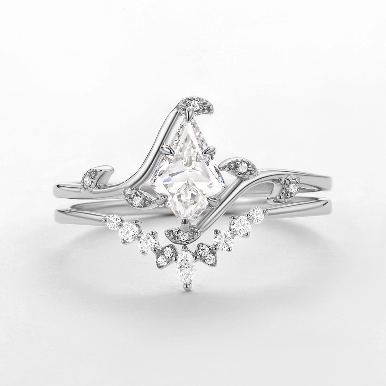 Elegant Gem Unique Kite Cut Lab Grown Diamond Leafy Engagement Ring Sets 2pcs - Ivy